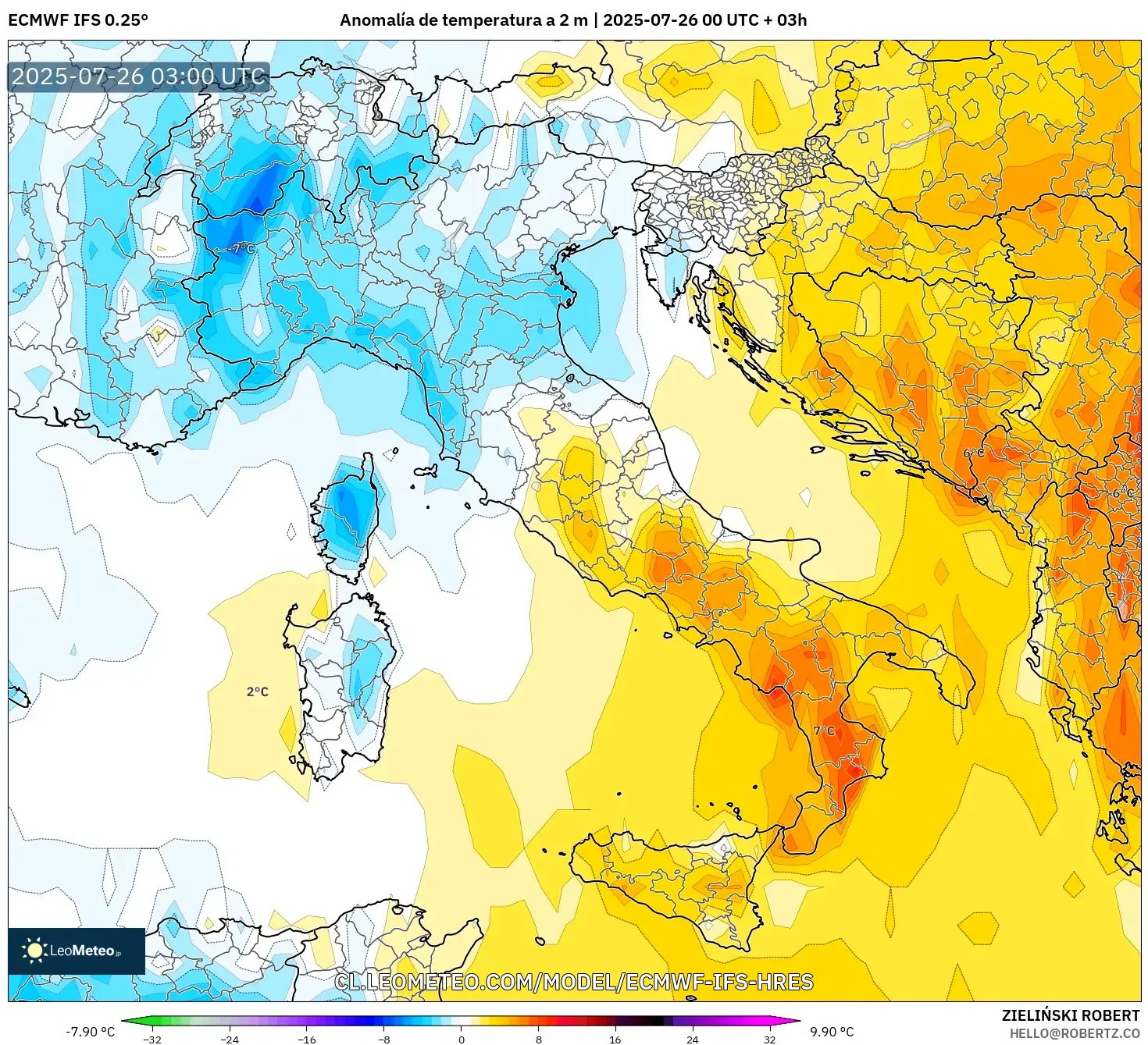 ECMWF IFS 0.25° model - Italia, Anomalía de temperatura a 2 m