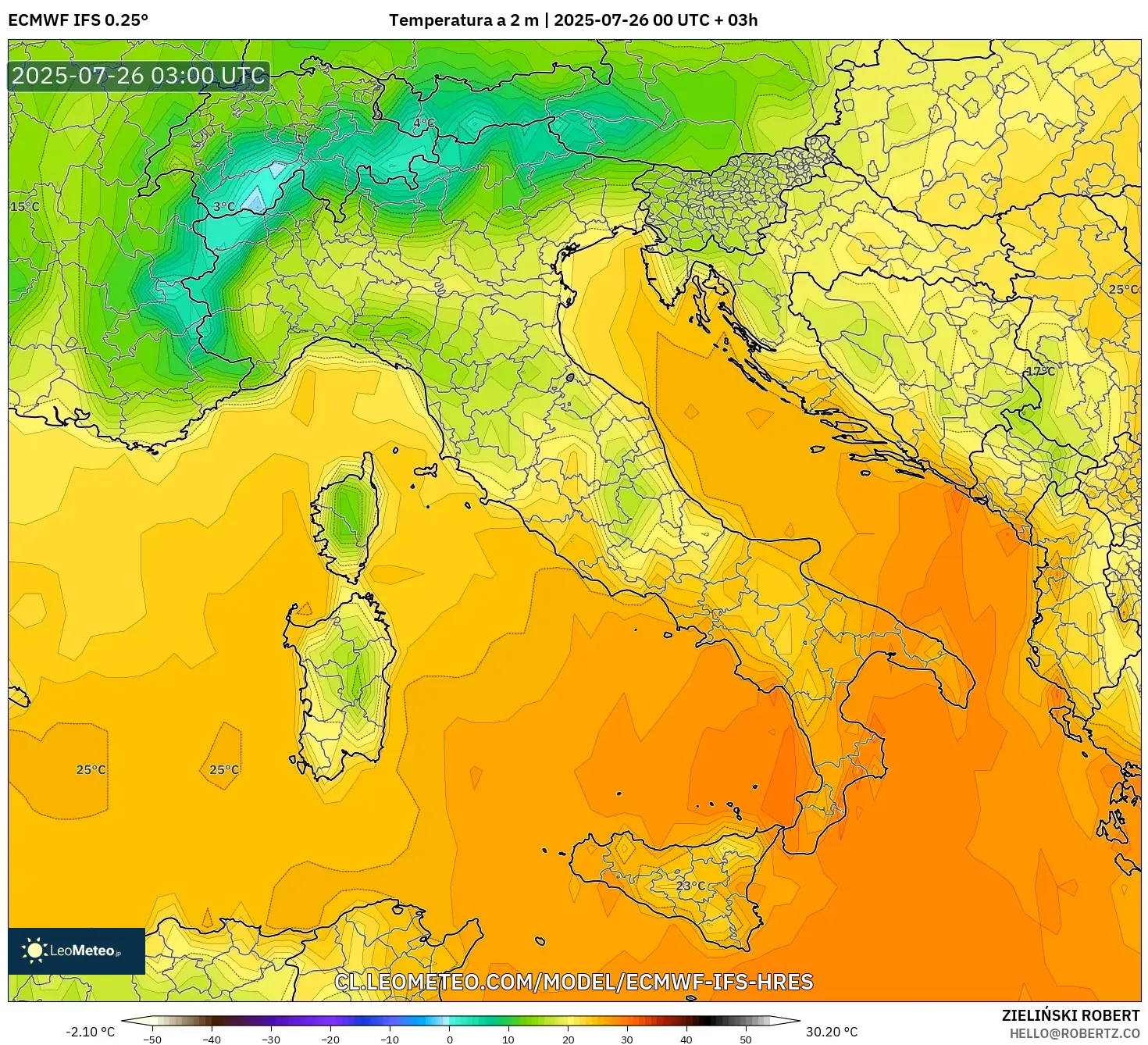 ECMWF IFS 0.25° model - Italia, Temperatura a 2 m