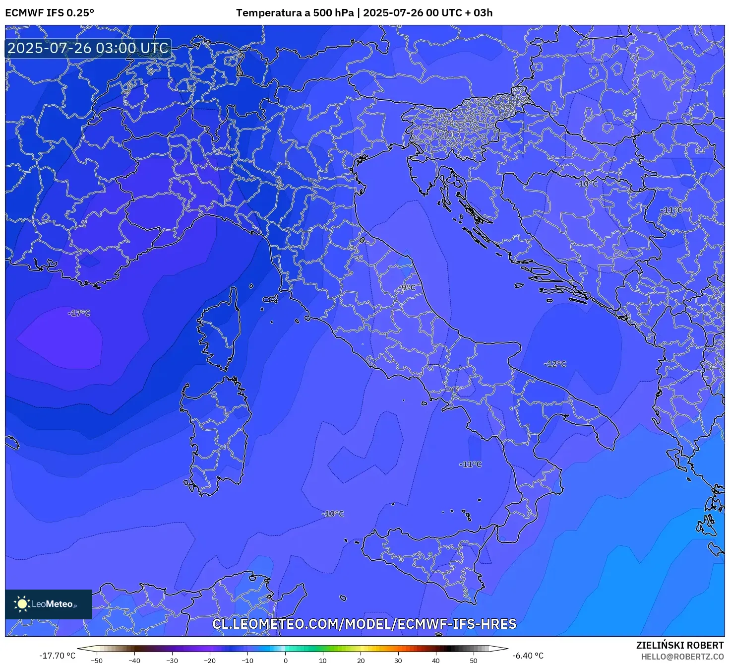 ECMWF IFS 0.25° model - Italia, Temperatura a 500 hPa