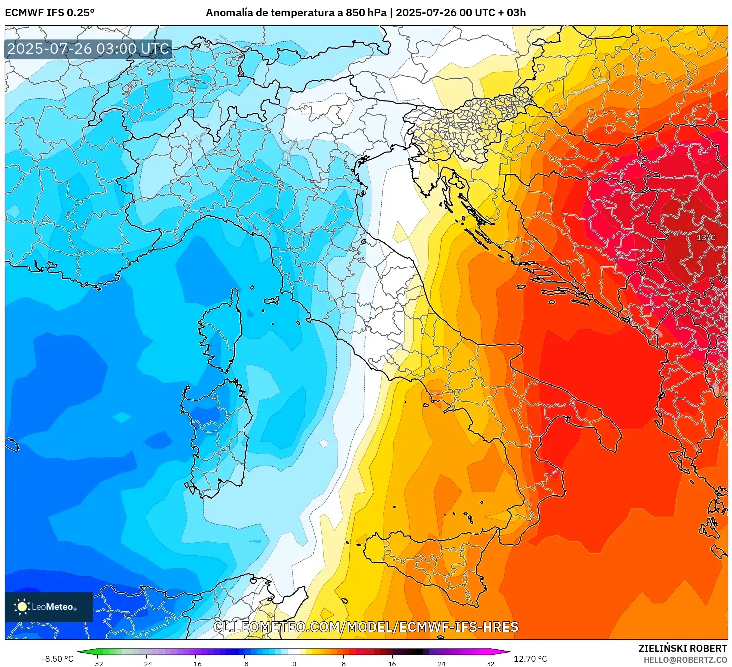 ECMWF IFS 0.25° model - Italia, Anomalía de temperatura a 850 hPa