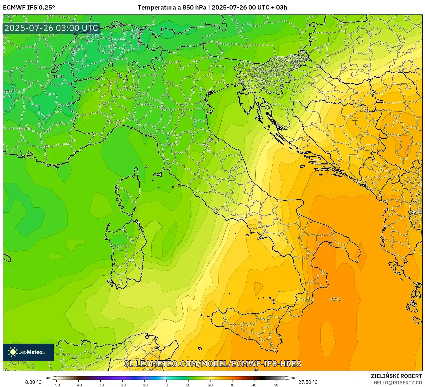 ECMWF IFS 0.25° model - Italia, Temperatura a 850 hPa