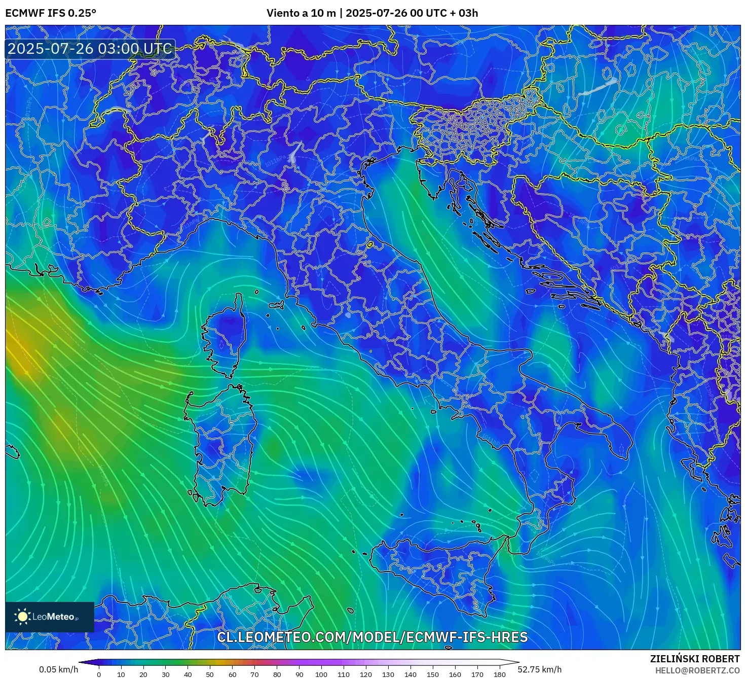 ECMWF IFS 0.25° model - Italia, Viento a 10 m
