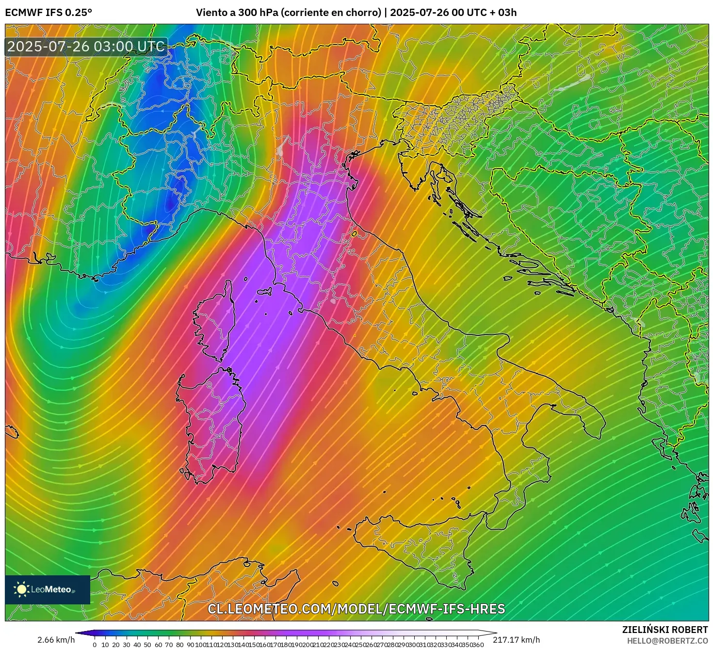 ECMWF IFS 0.25° model - Italia, Viento a 300 hPa (corriente en chorro)