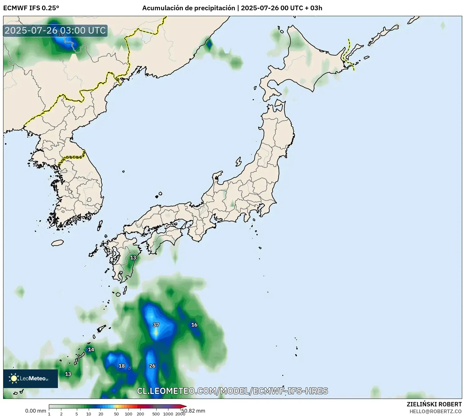 ECMWF IFS 0.25° model - Japón, Acumulación de precipitación
