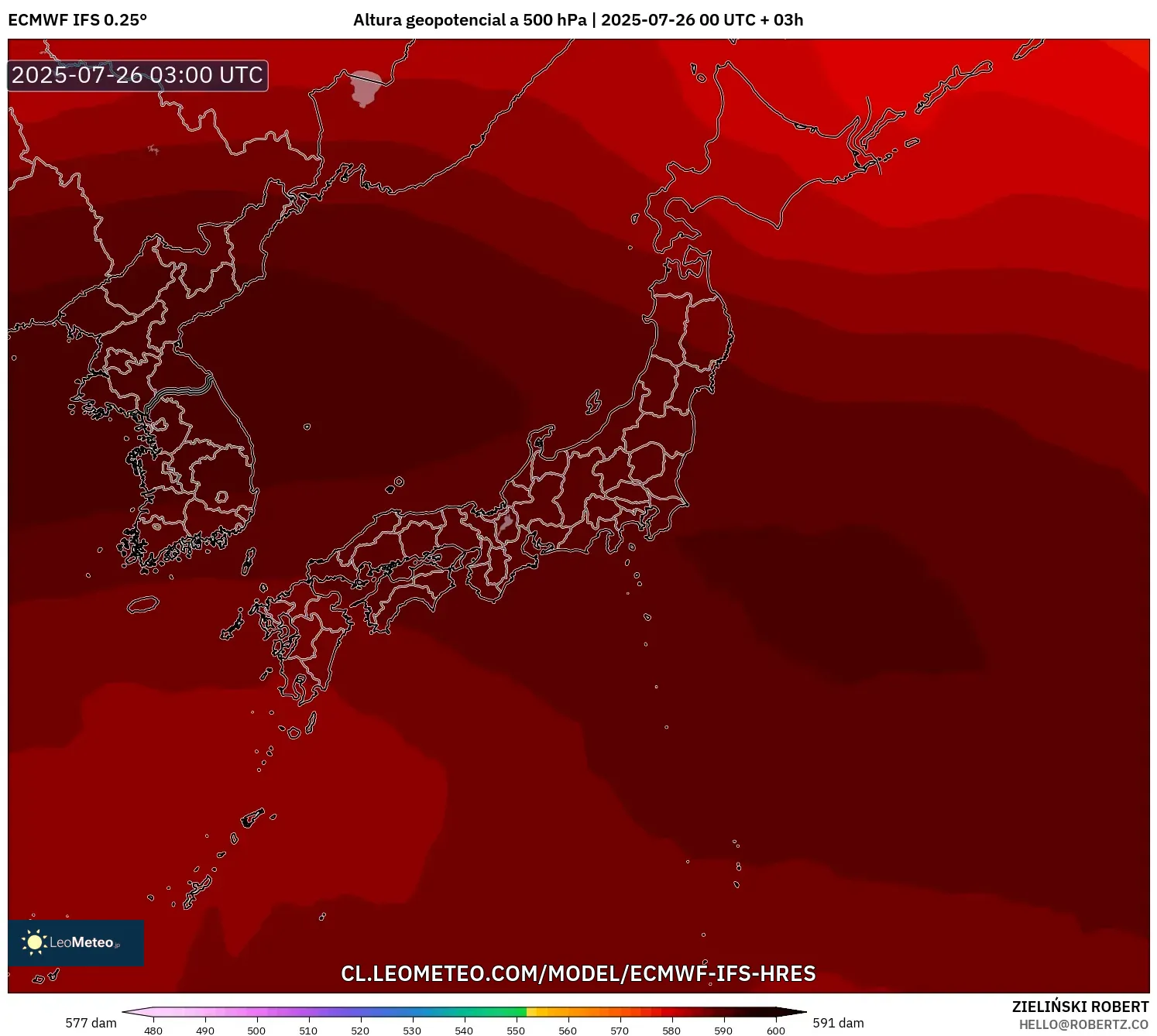 ECMWF IFS 0.25° model - Japón, Altura geopotencial a 500 hPa