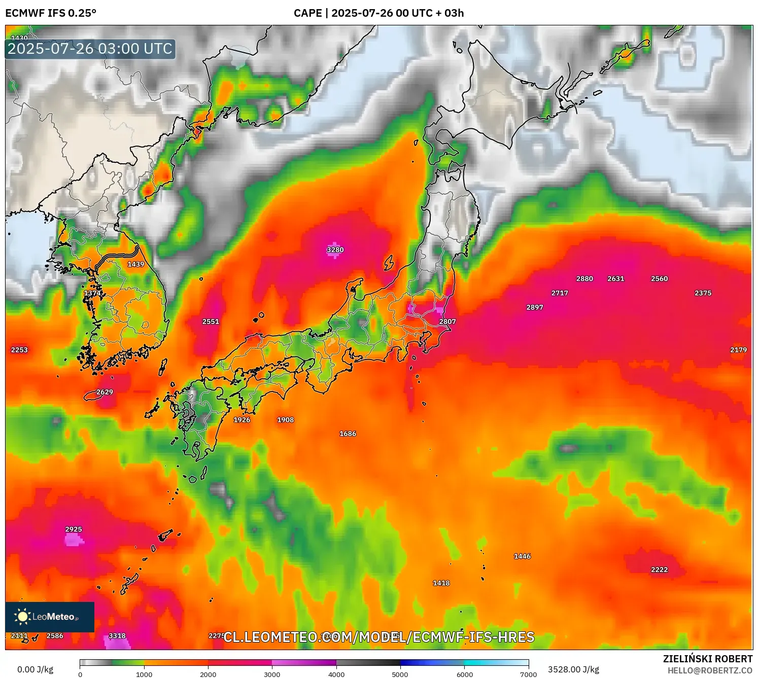 ECMWF IFS 0.25° model - Japón, CAPE