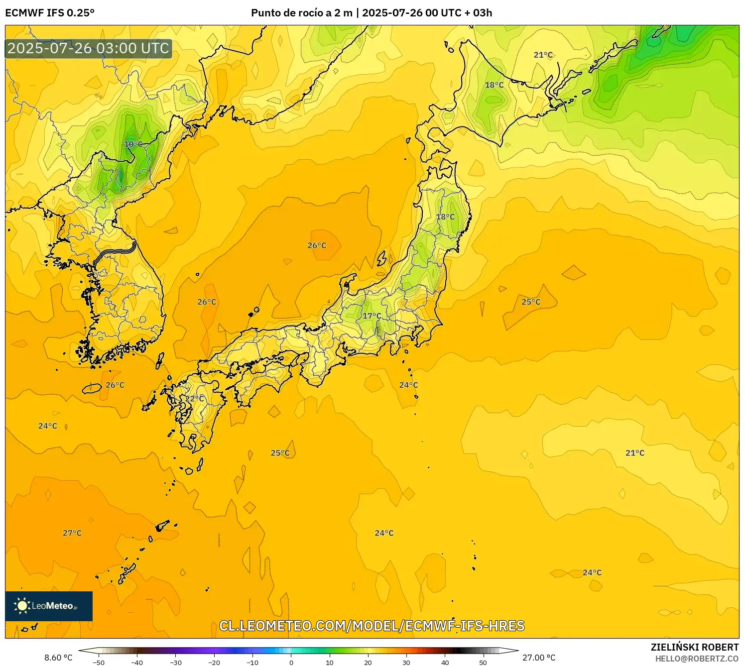 ECMWF IFS 0.25° model - Japón, Punto de rocío a 2 m