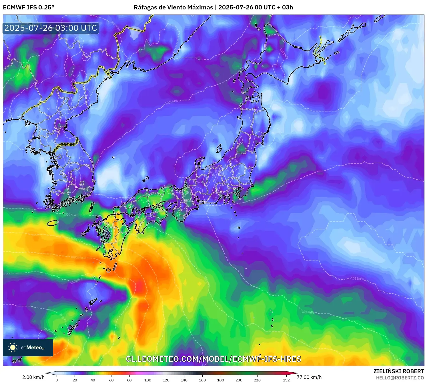 ECMWF IFS 0.25° model - Japón, Ráfagas de Viento Máximas