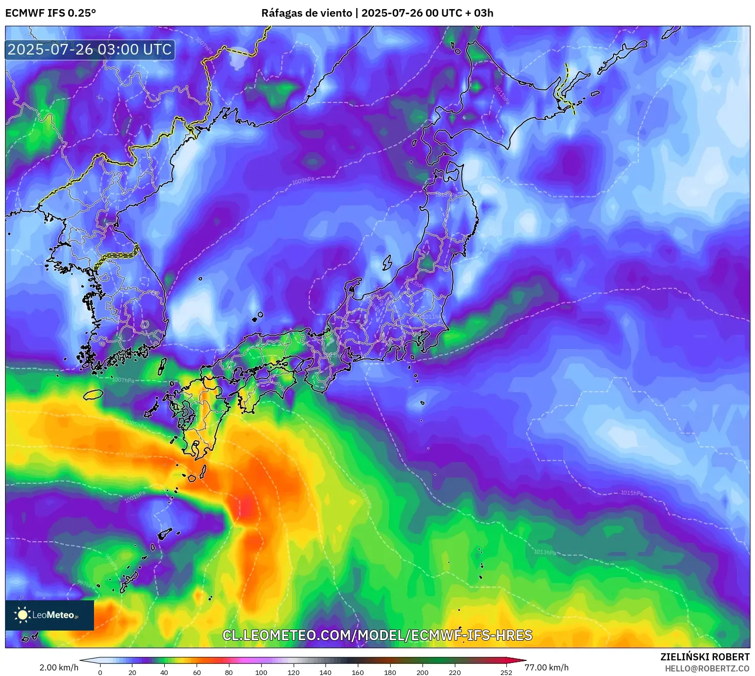 ECMWF IFS 0.25° model - Japón, Ráfagas de viento