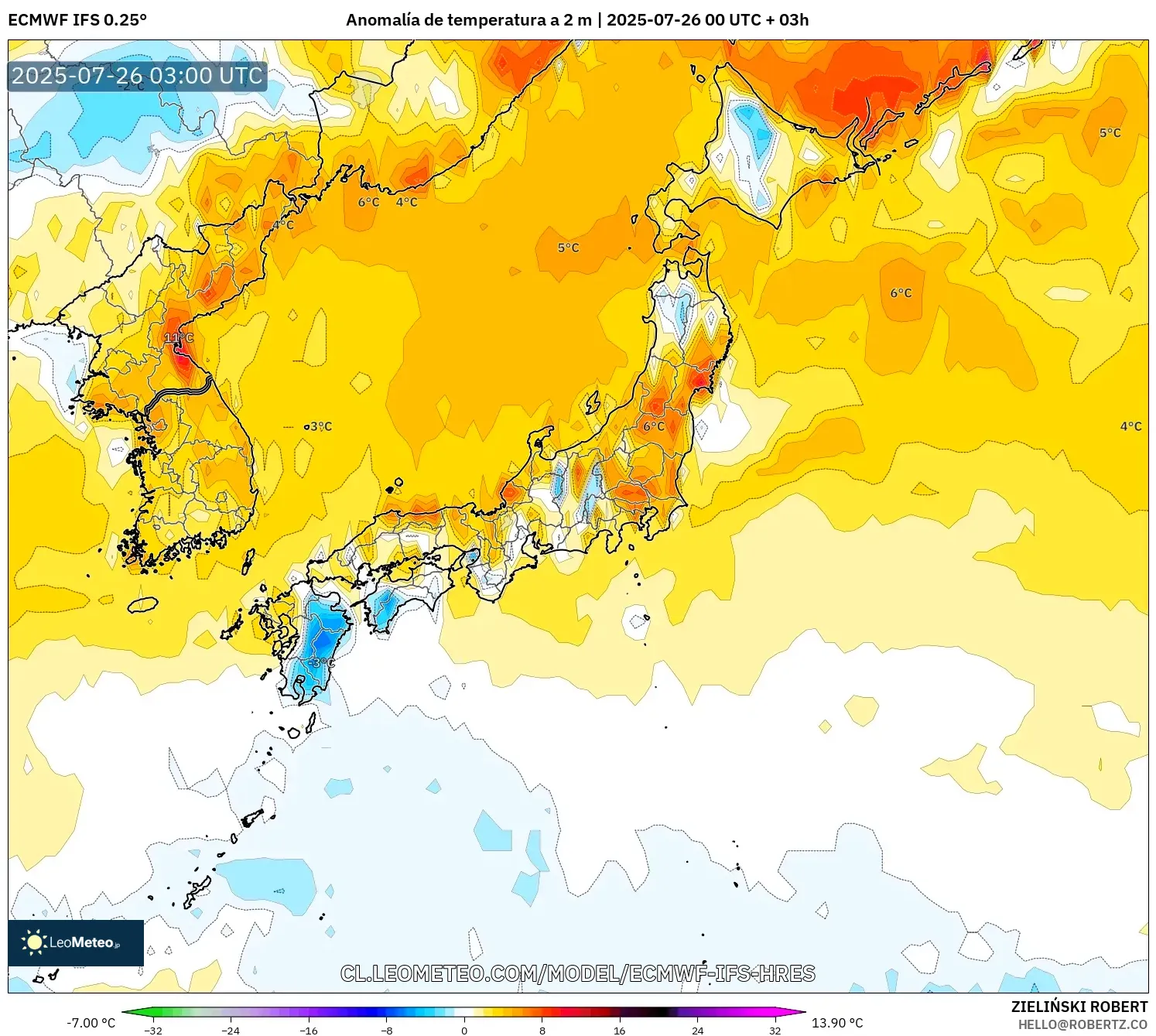 ECMWF IFS 0.25° model - Japón, Anomalía de temperatura a 2 m