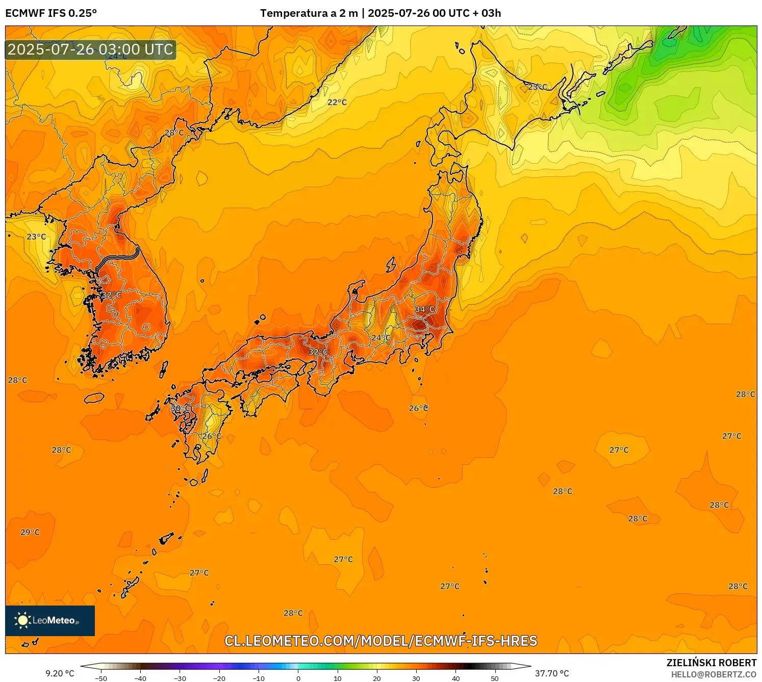 ECMWF IFS 0.25° model - Japón, Temperatura a 2 m