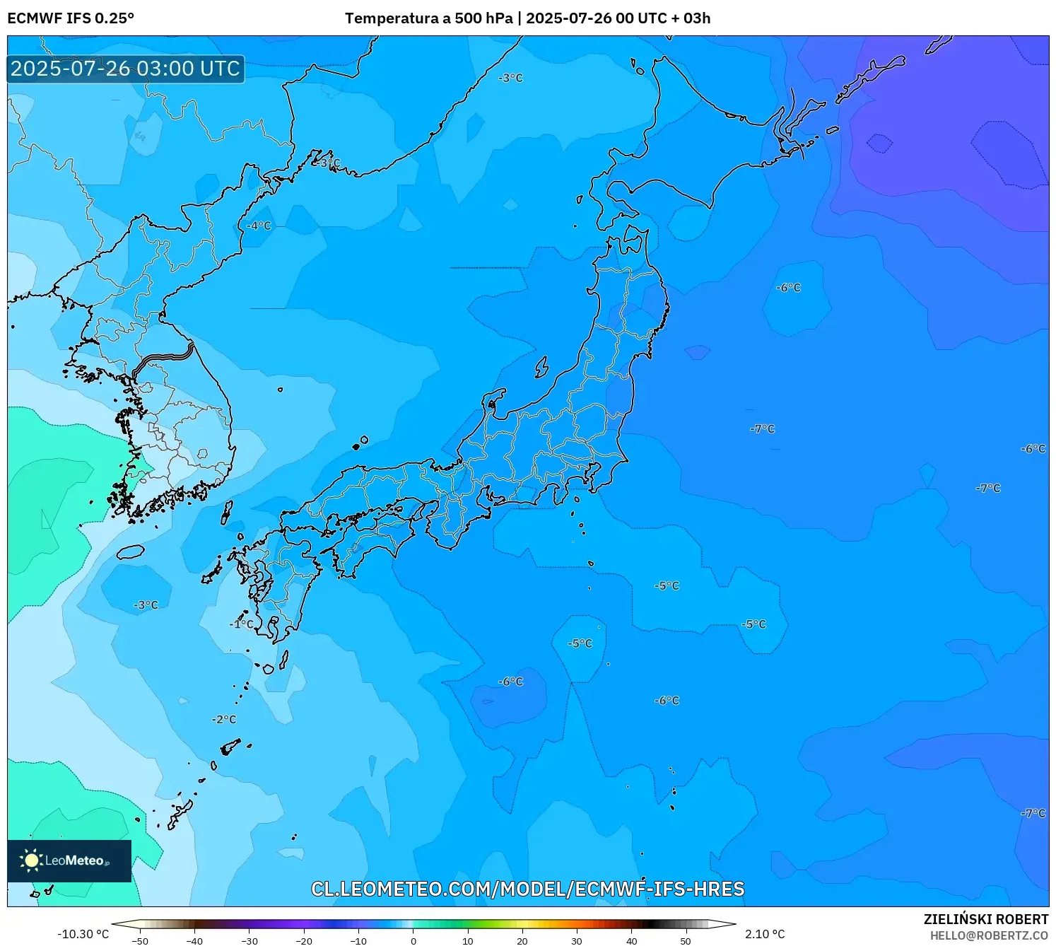 ECMWF IFS 0.25° model - Japón, Temperatura a 500 hPa
