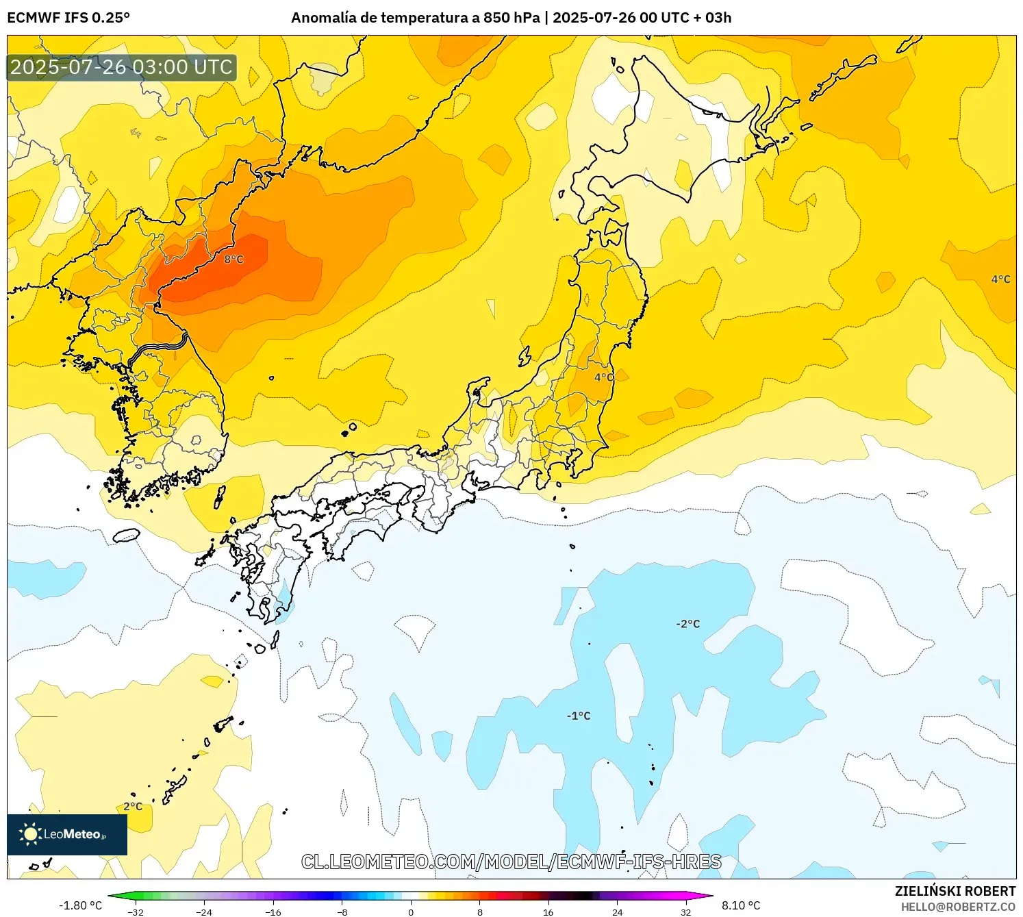 ECMWF IFS 0.25° model - Japón, Anomalía de temperatura a 850 hPa