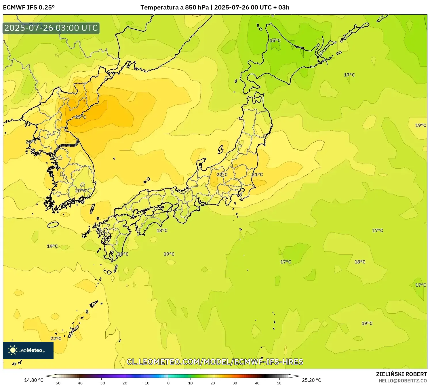 ECMWF IFS 0.25° model - Japón, Temperatura a 850 hPa