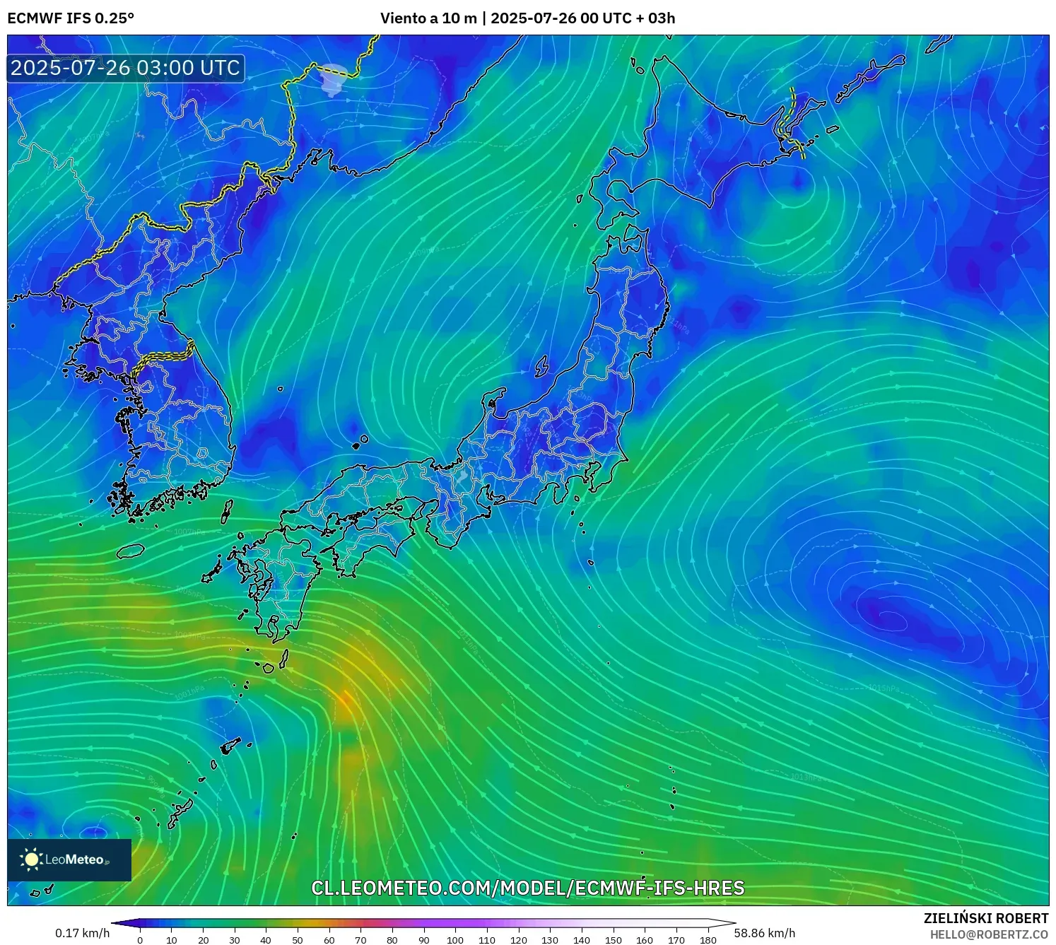ECMWF IFS 0.25° model - Japón, Viento a 10 m