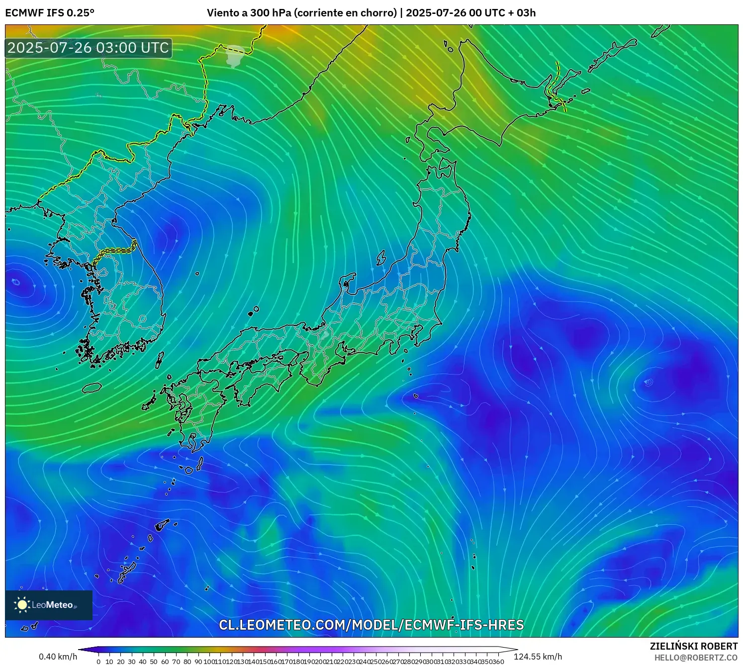 ECMWF IFS 0.25° model - Japón, Viento a 300 hPa (corriente en chorro)