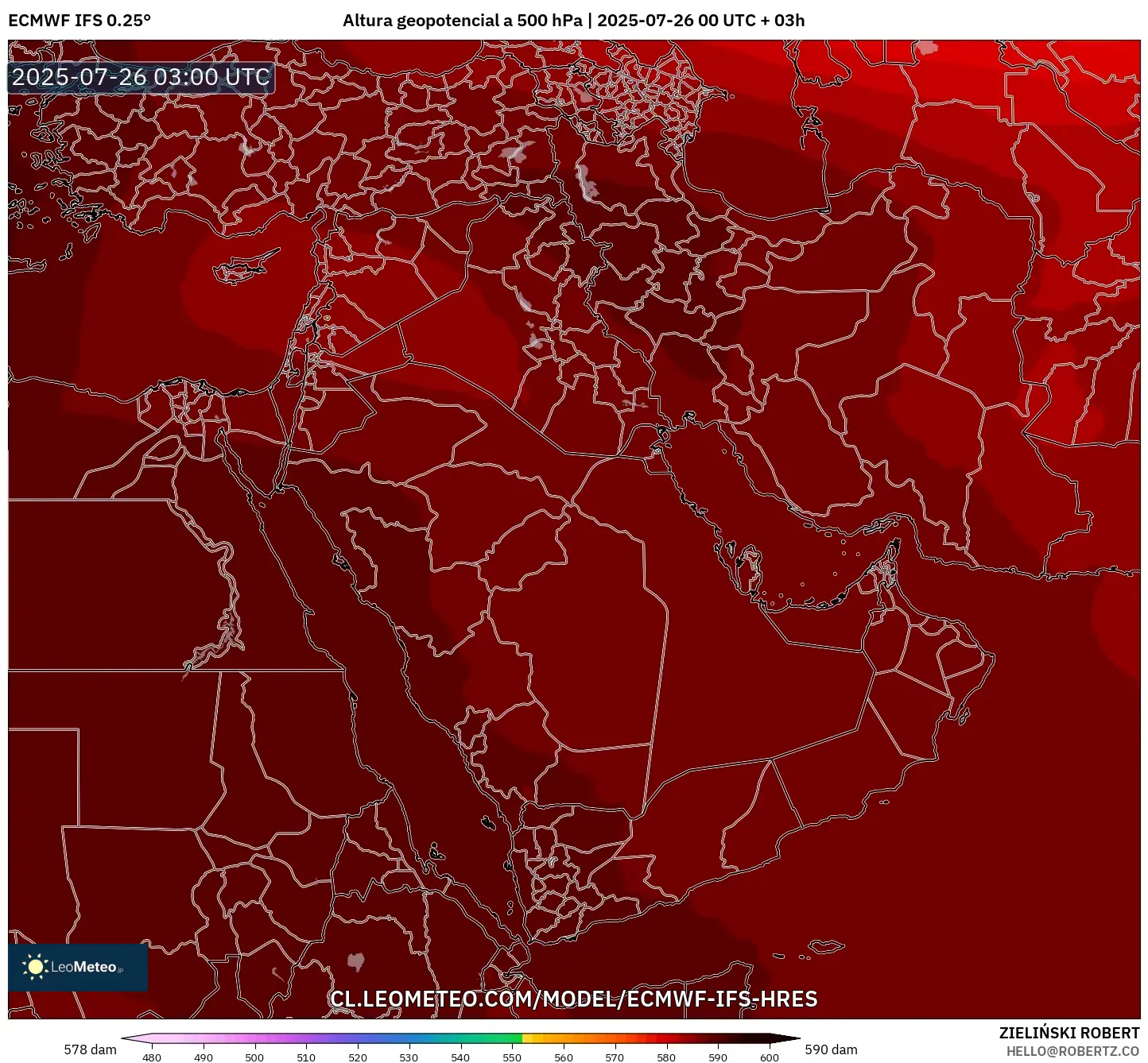 ECMWF IFS 0.25° model - Oriente Medio, Altura geopotencial a 500 hPa