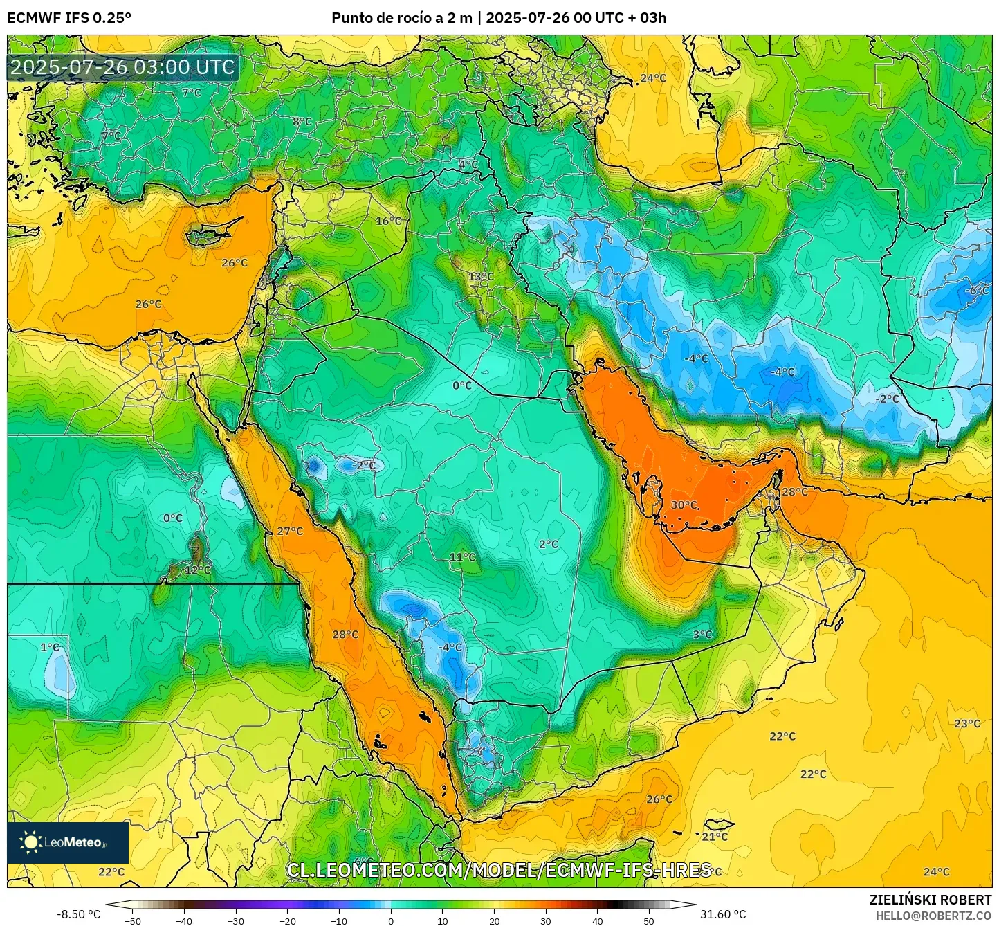 ECMWF IFS 0.25° model - Oriente Medio, Punto de rocío a 2 m