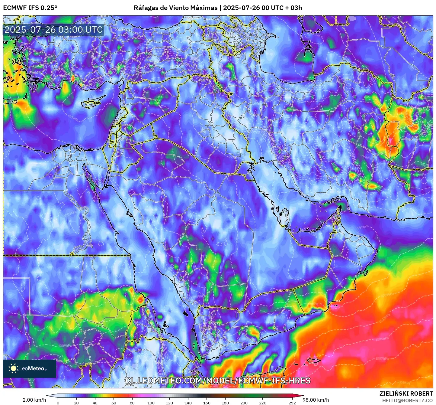 ECMWF IFS 0.25° model - Oriente Medio, Ráfagas de Viento Máximas