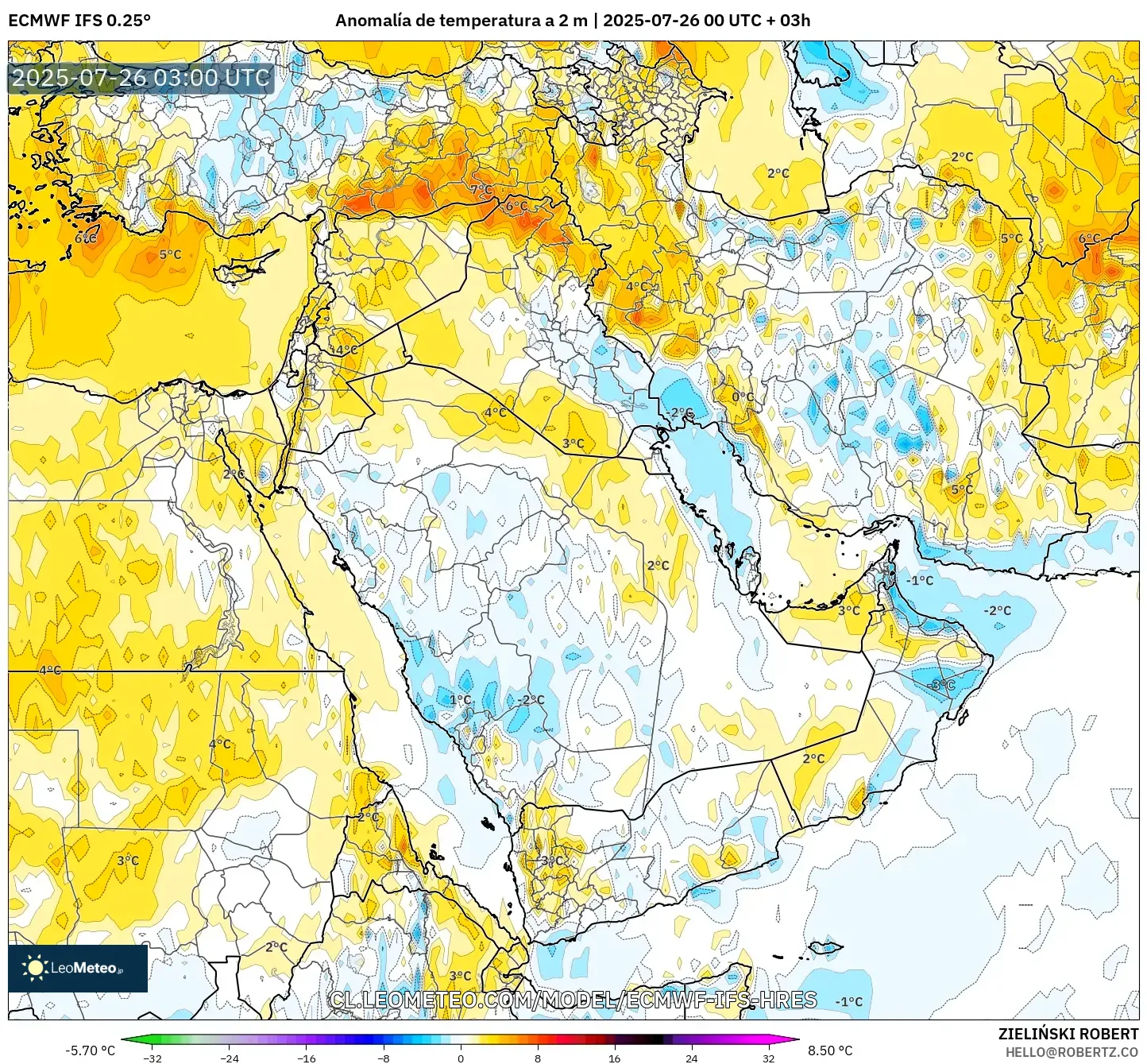 ECMWF IFS 0.25° model - Oriente Medio, Anomalía de temperatura a 2 m
