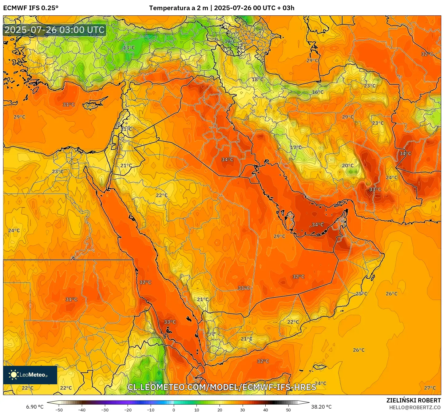 ECMWF IFS 0.25° model - Oriente Medio, Temperatura a 2 m