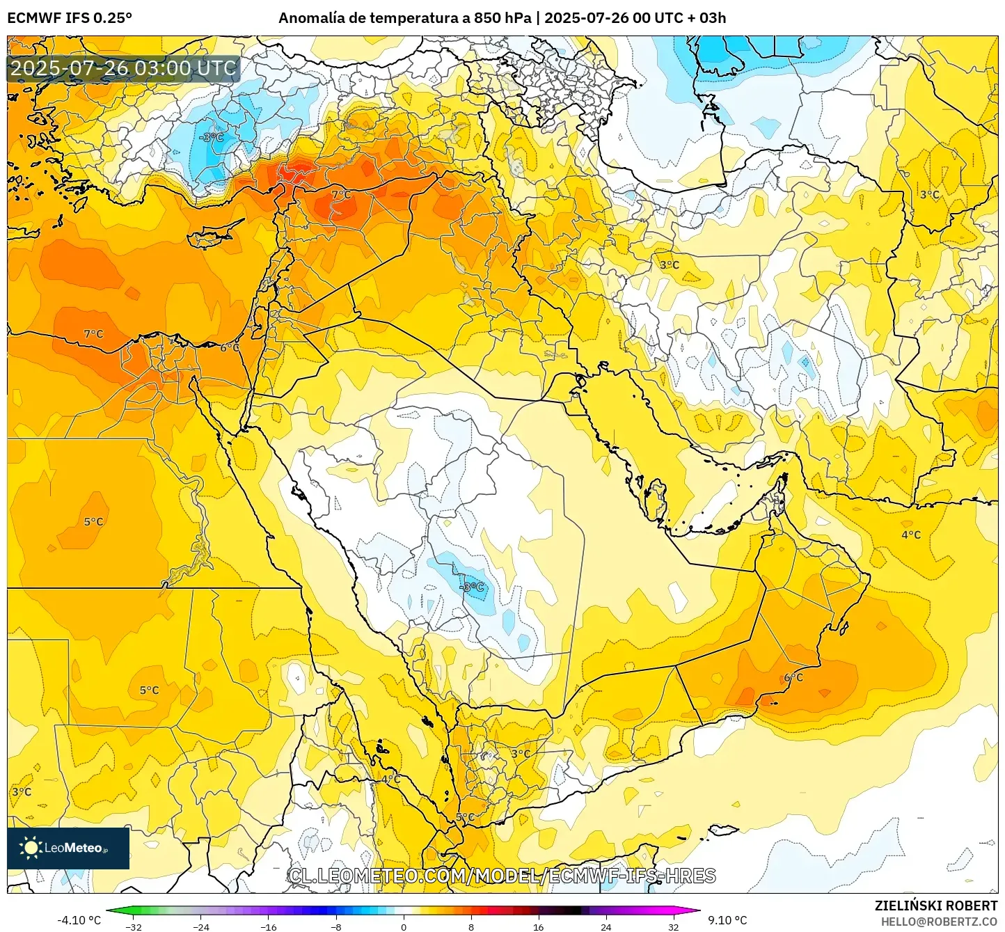 ECMWF IFS 0.25° model - Oriente Medio, Anomalía de temperatura a 850 hPa