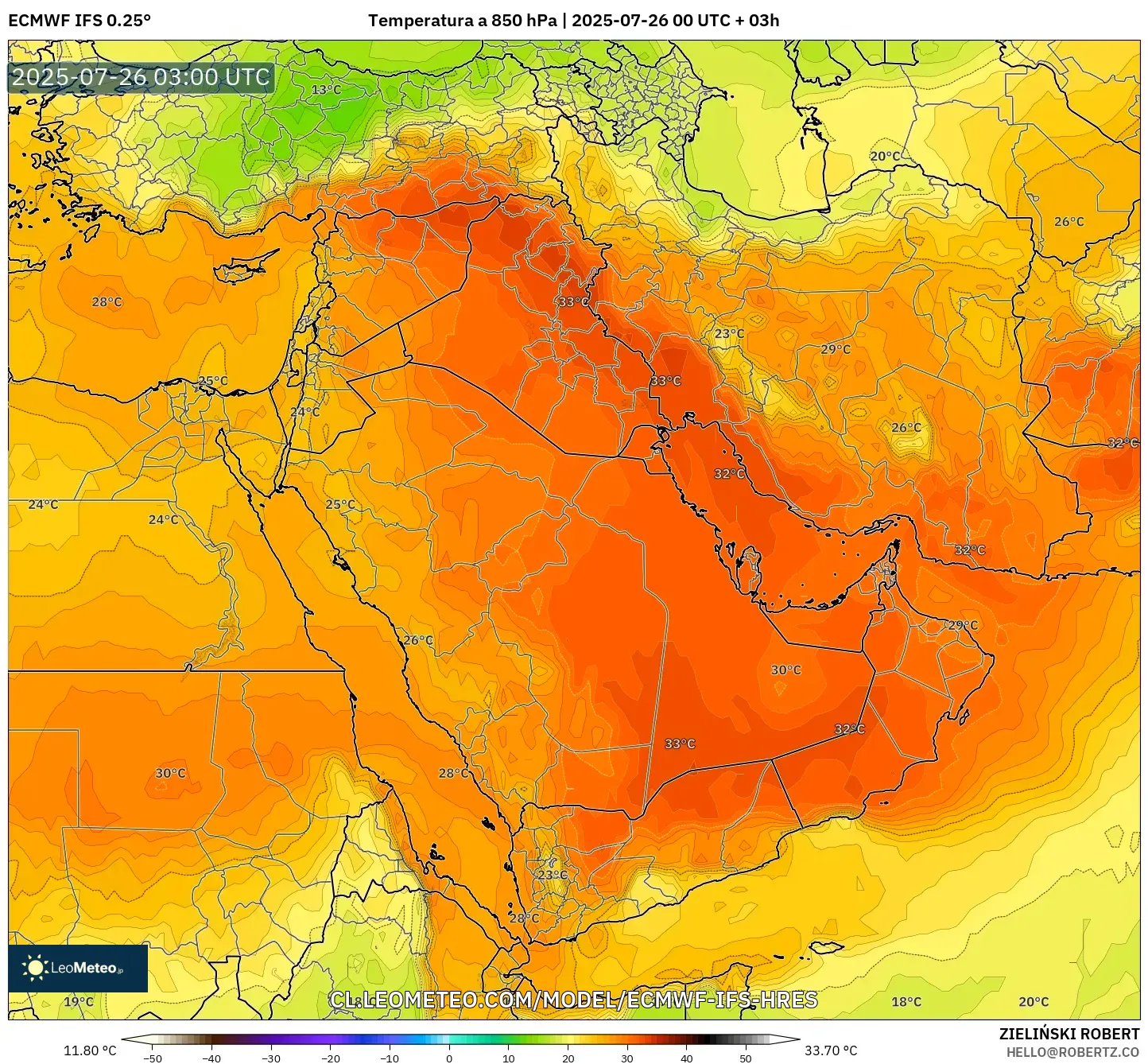 ECMWF IFS 0.25° model - Oriente Medio, Temperatura a 850 hPa