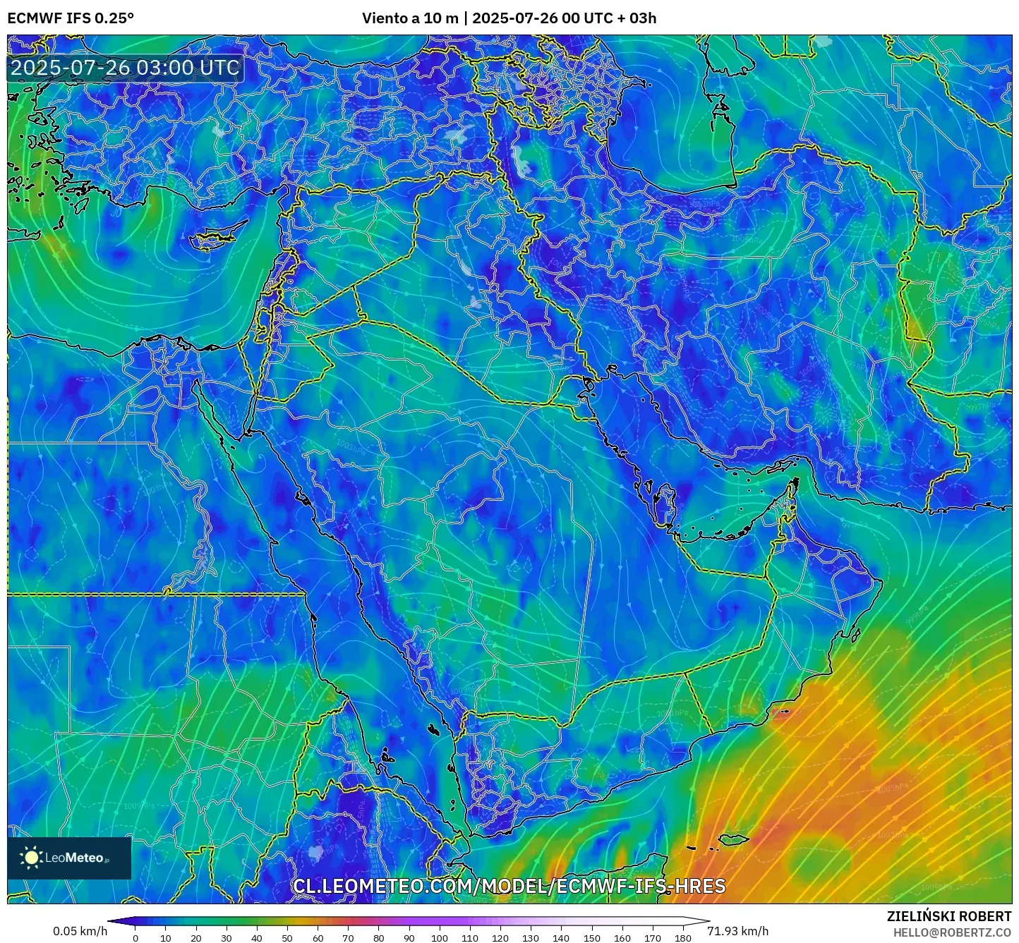 ECMWF IFS 0.25° model - Oriente Medio, Viento a 10 m