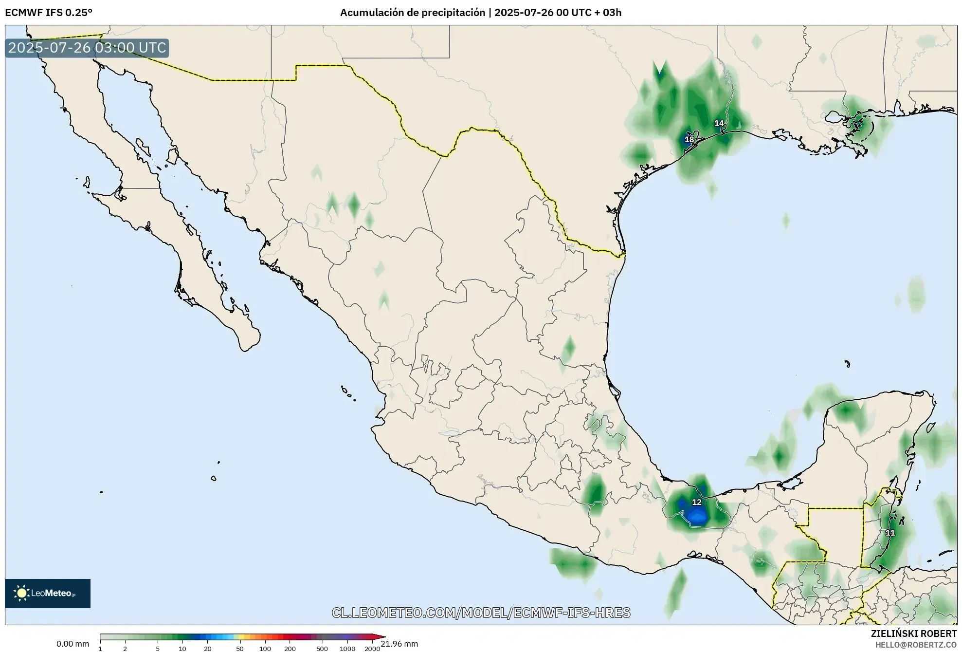 ECMWF IFS 0.25° model - México, Acumulación de precipitación