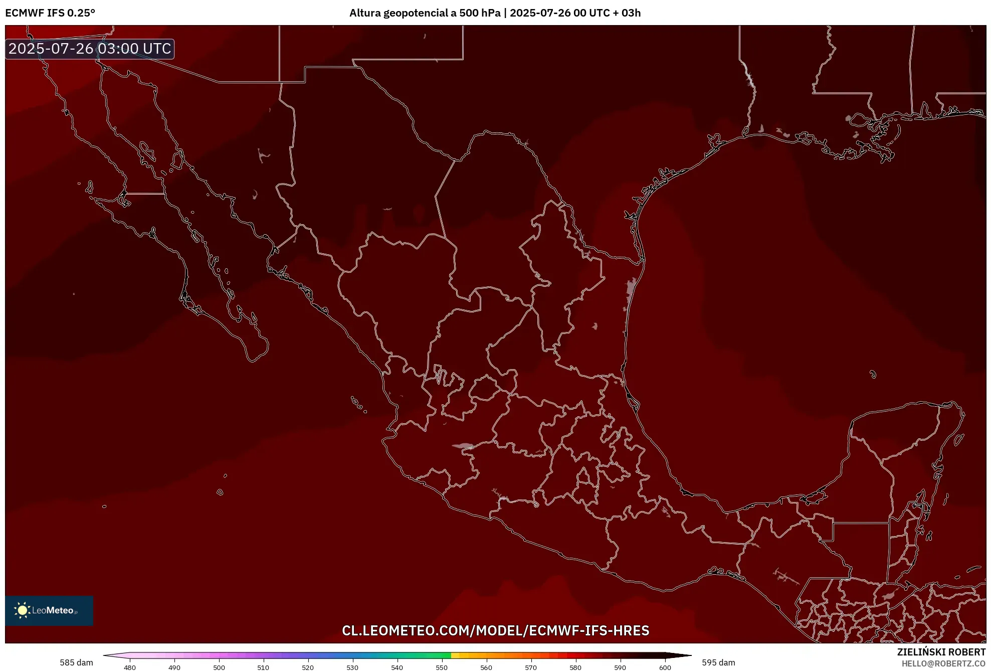 ECMWF IFS 0.25° model - México, Altura geopotencial a 500 hPa