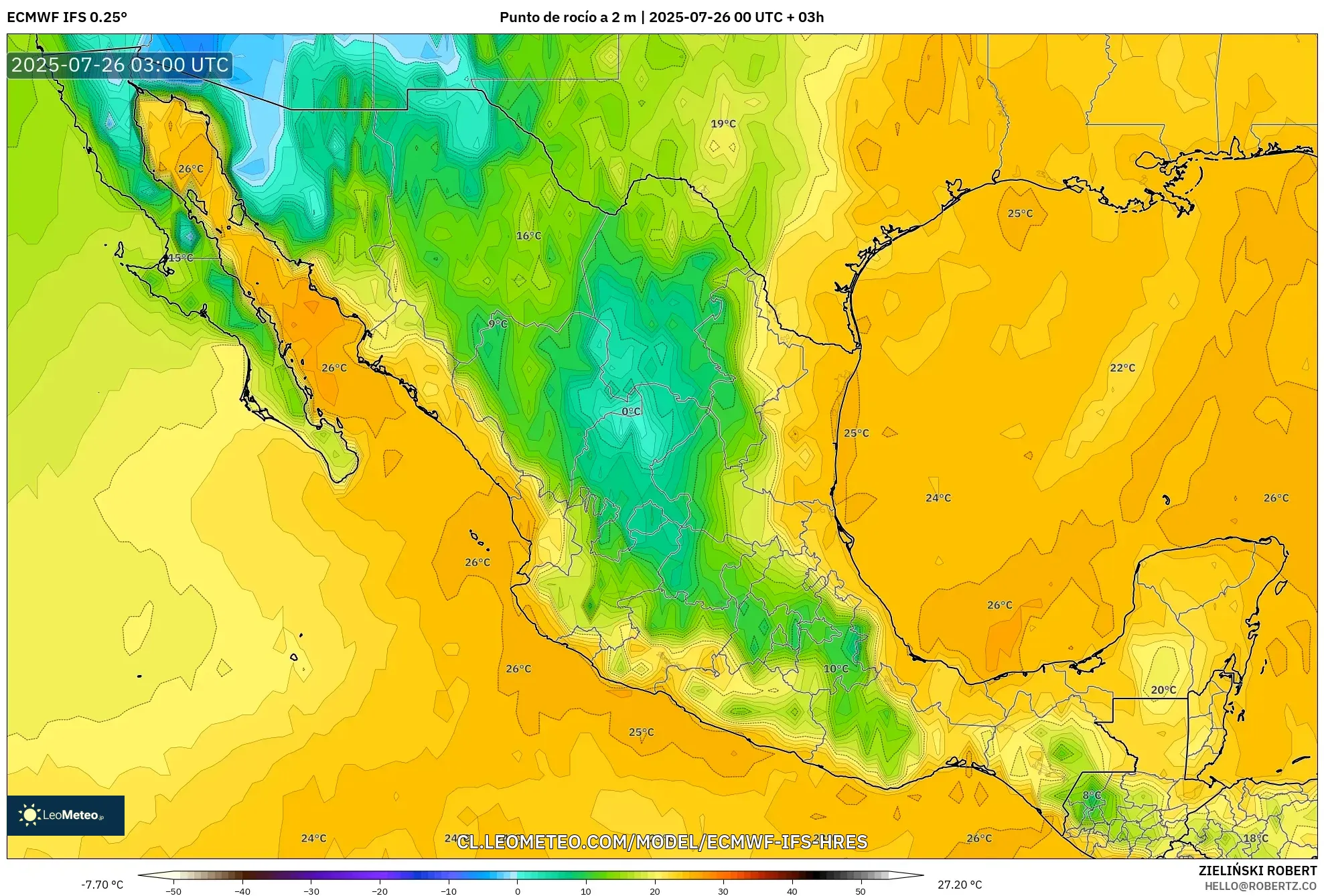 ECMWF IFS 0.25° model - México, Punto de rocío a 2 m