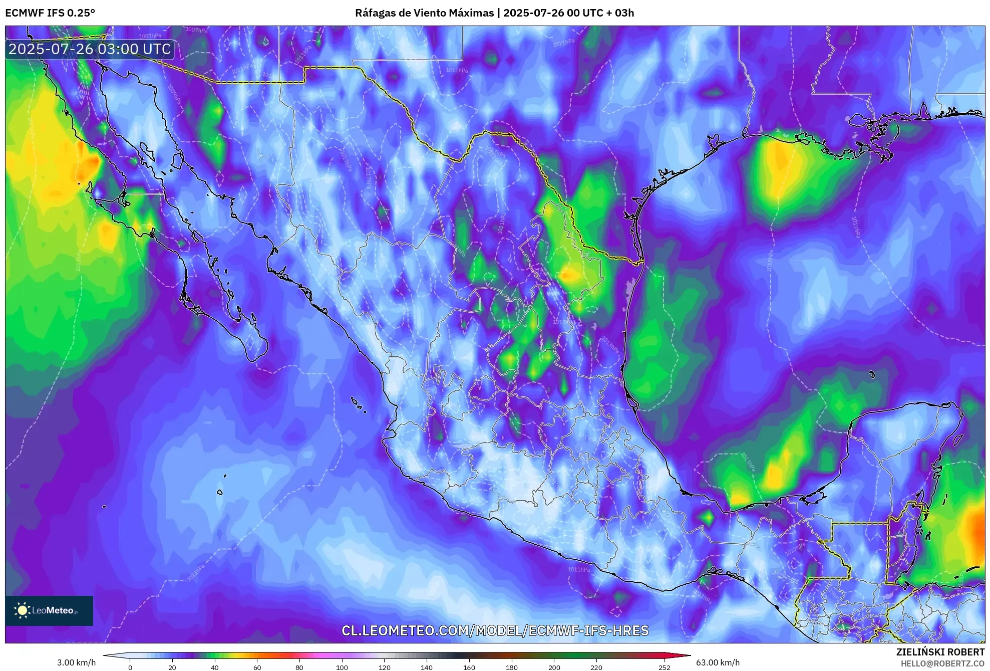 ECMWF IFS 0.25° model - México, Ráfagas de Viento Máximas