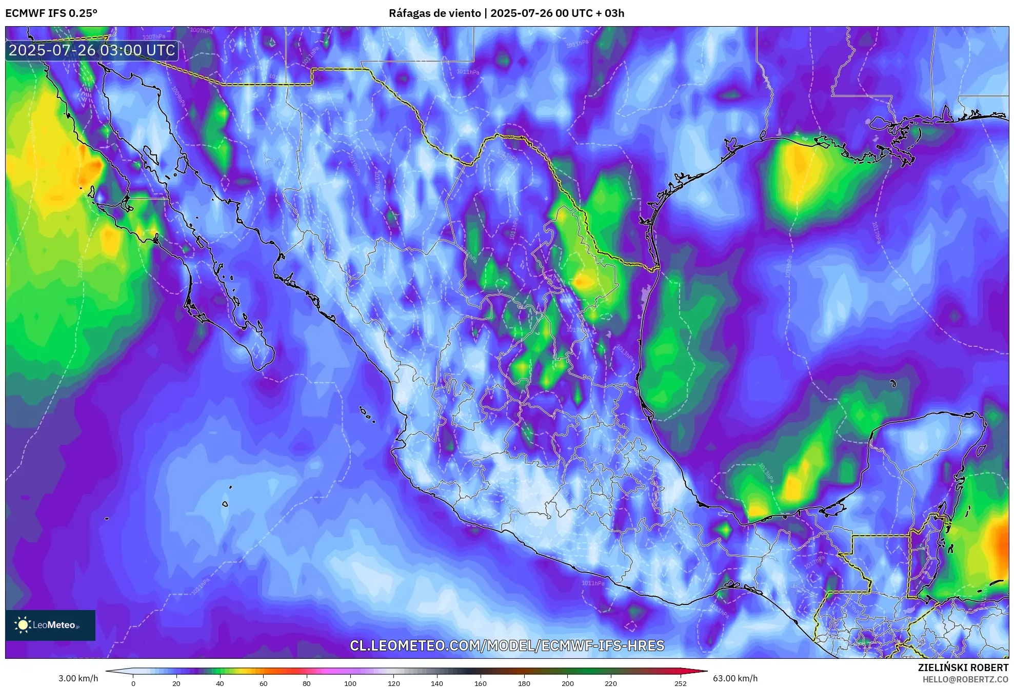 ECMWF IFS 0.25° model - México, Ráfagas de viento