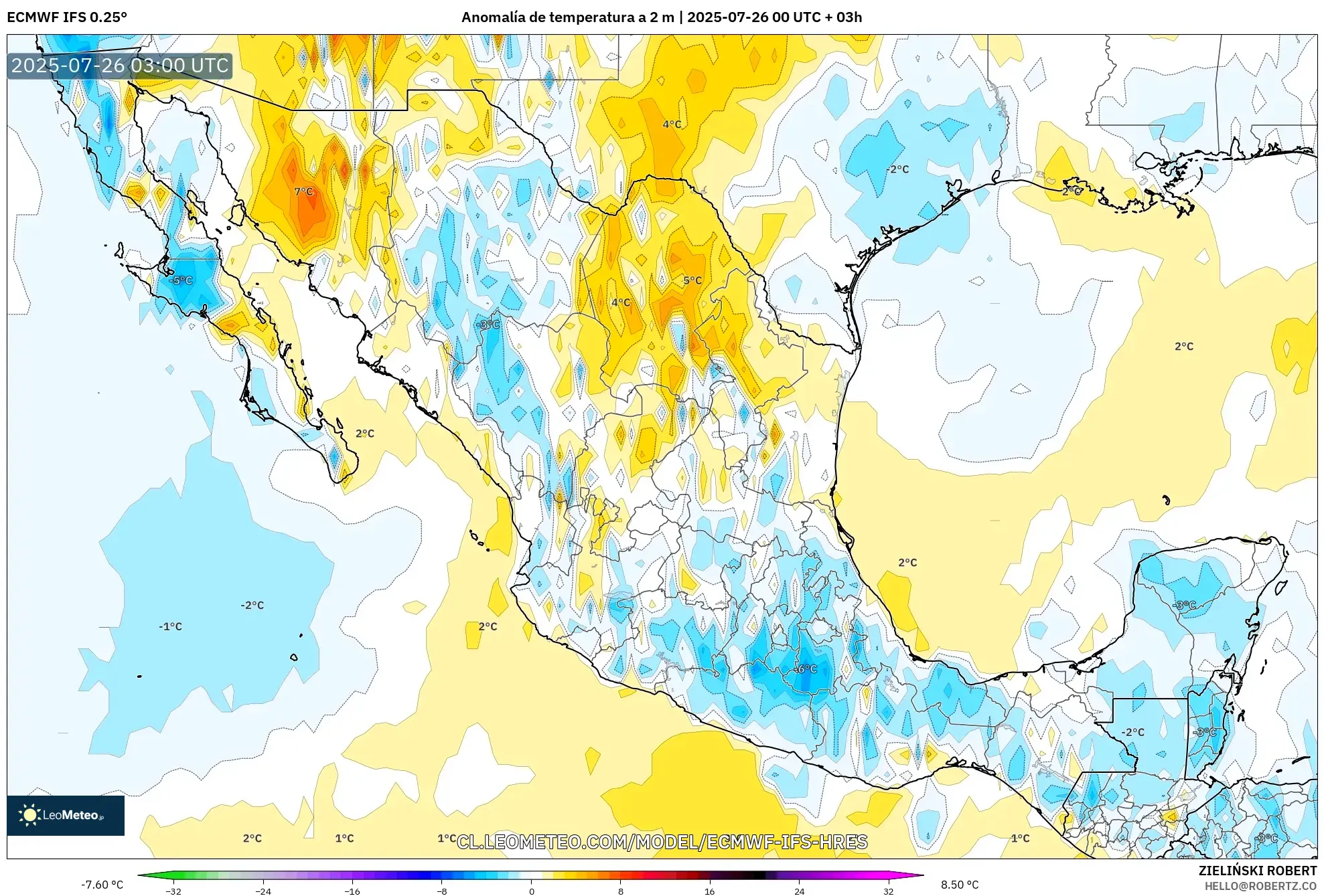 ECMWF IFS 0.25° model - México, Anomalía de temperatura a 2 m