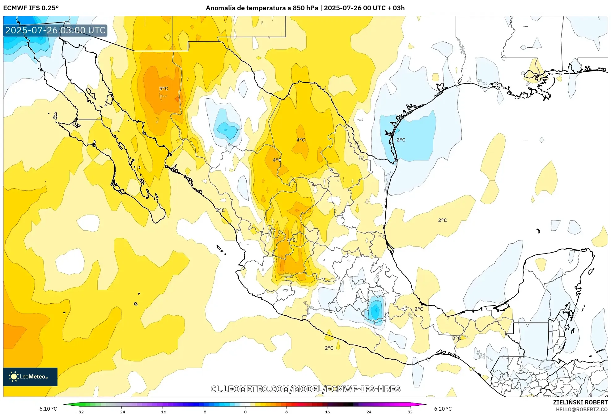 ECMWF IFS 0.25° model - México, Anomalía de temperatura a 850 hPa