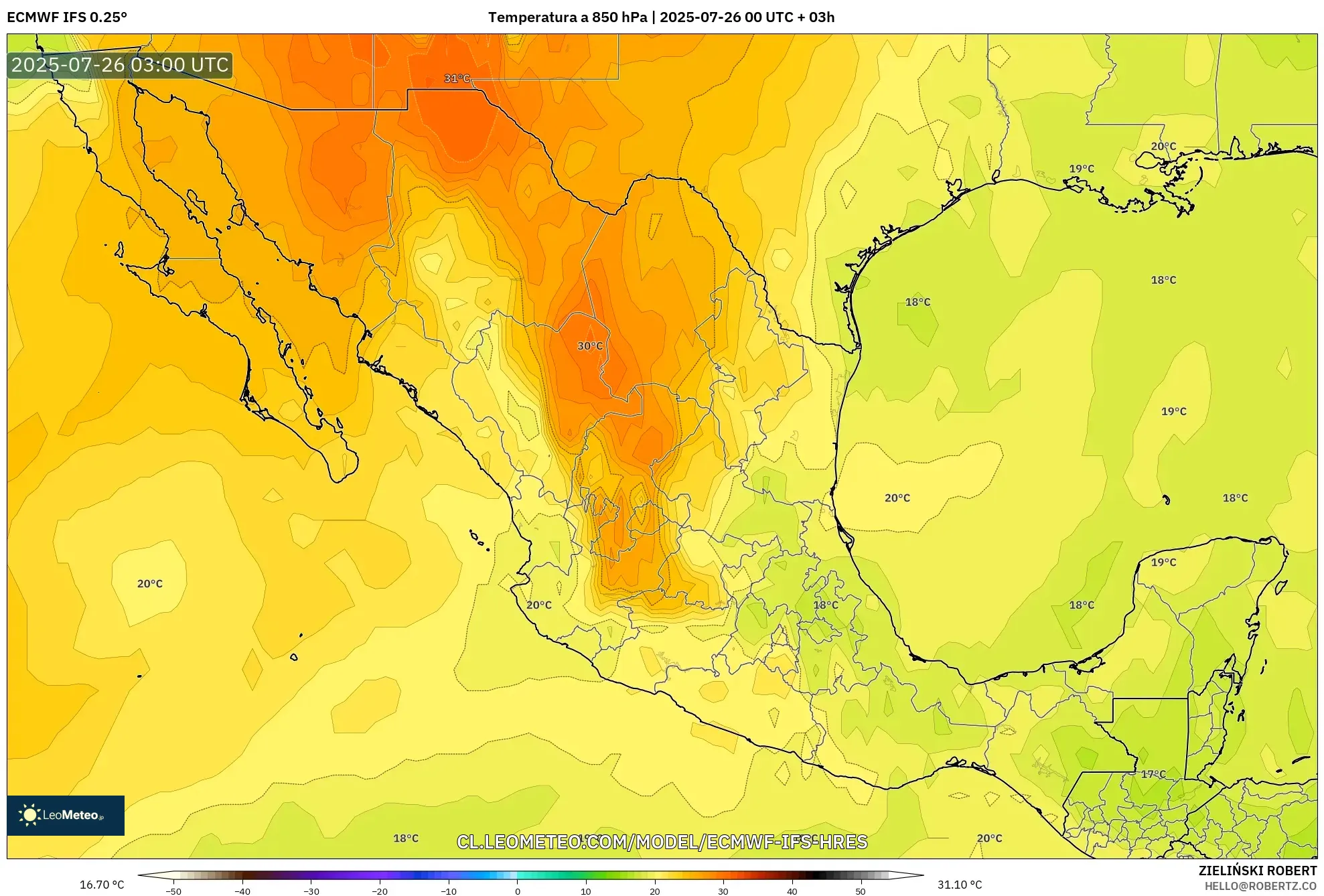 ECMWF IFS 0.25° model - México, Temperatura a 850 hPa