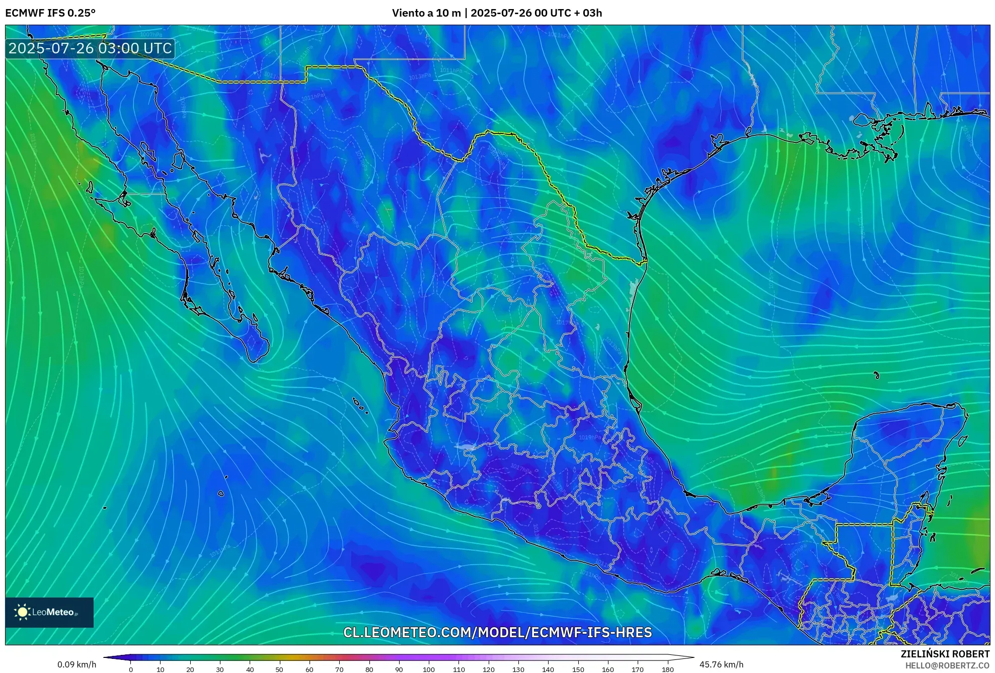 ECMWF IFS 0.25° model - México, Viento a 10 m