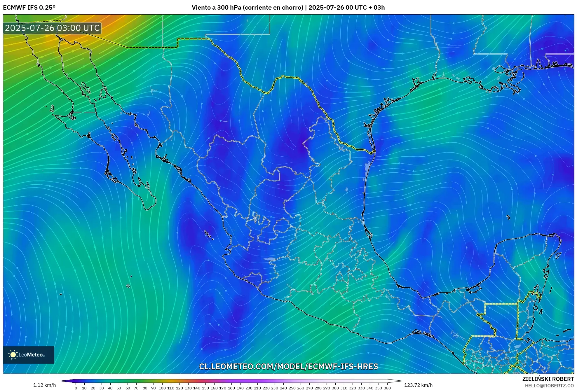 ECMWF IFS 0.25° model - México, Viento a 300 hPa (corriente en chorro)