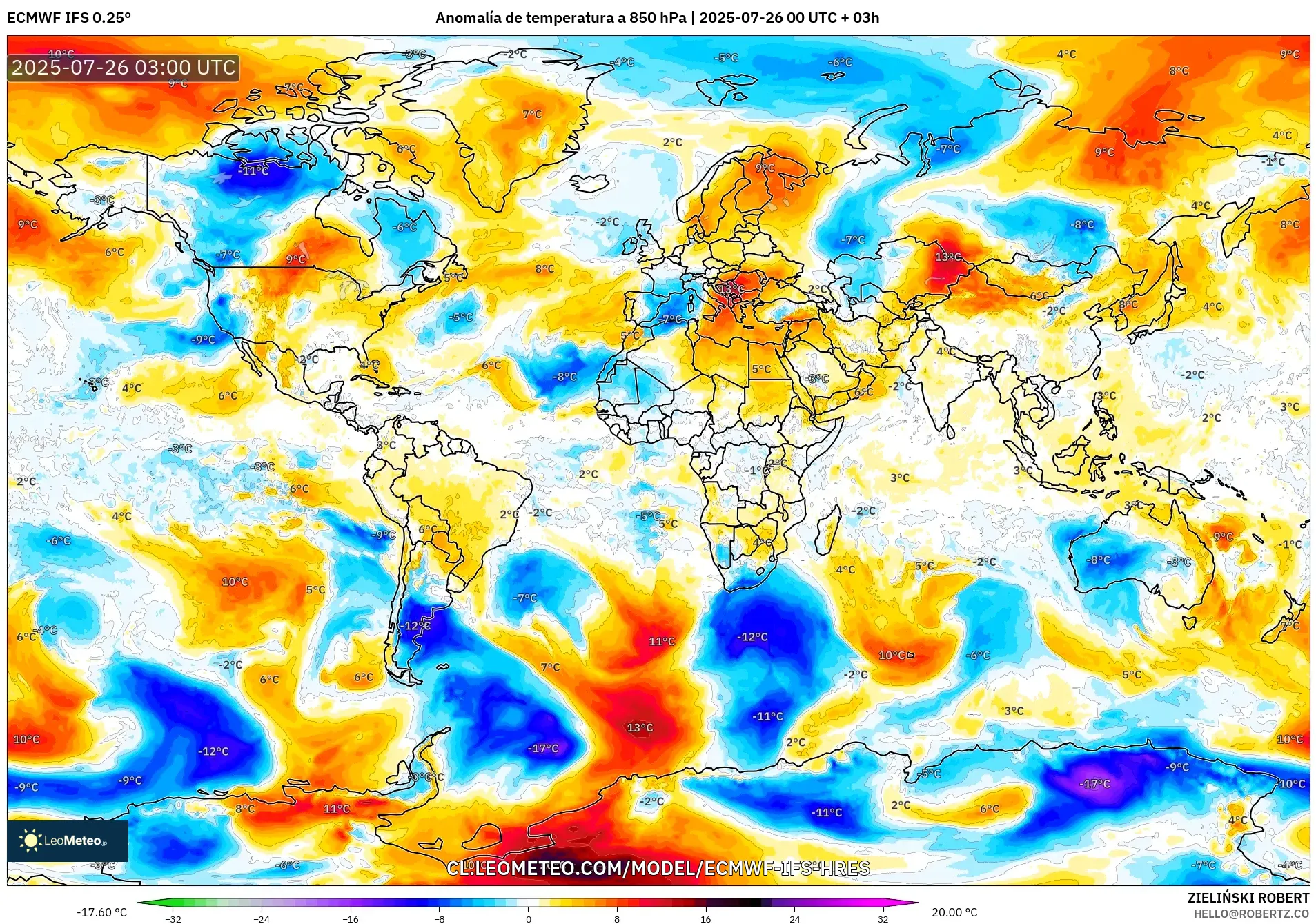 ECMWF IFS 0.25° model - Mundo, Anomalía de temperatura a 850 hPa