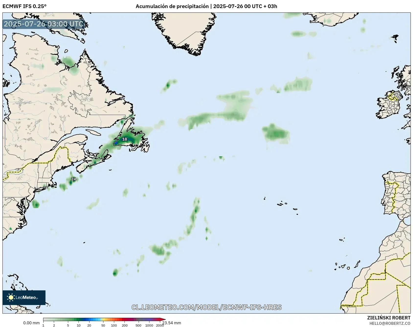 ECMWF IFS 0.25° model - Norte Atlántico, Acumulación de precipitación