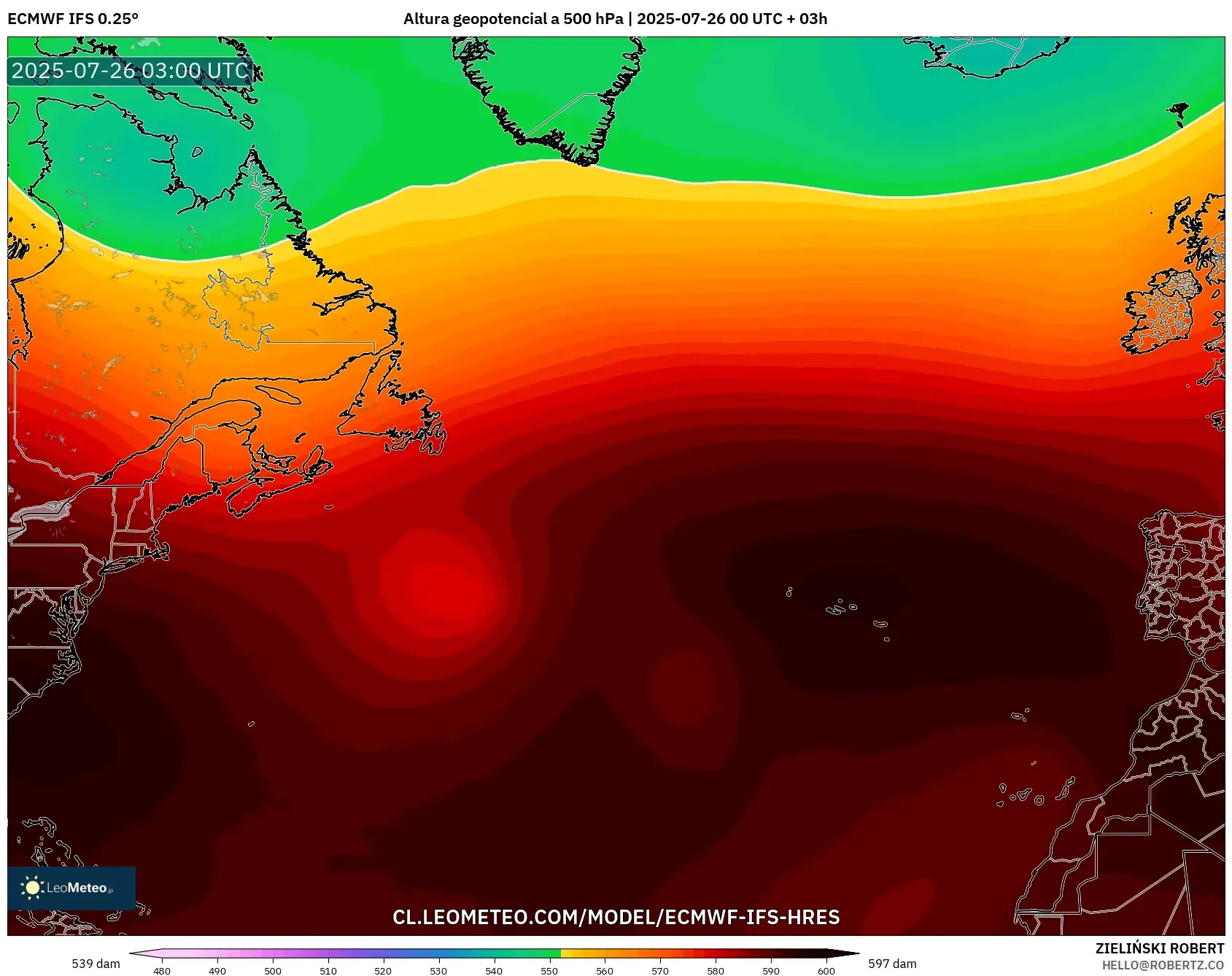 ECMWF IFS 0.25° model - Norte Atlántico, Altura geopotencial a 500 hPa