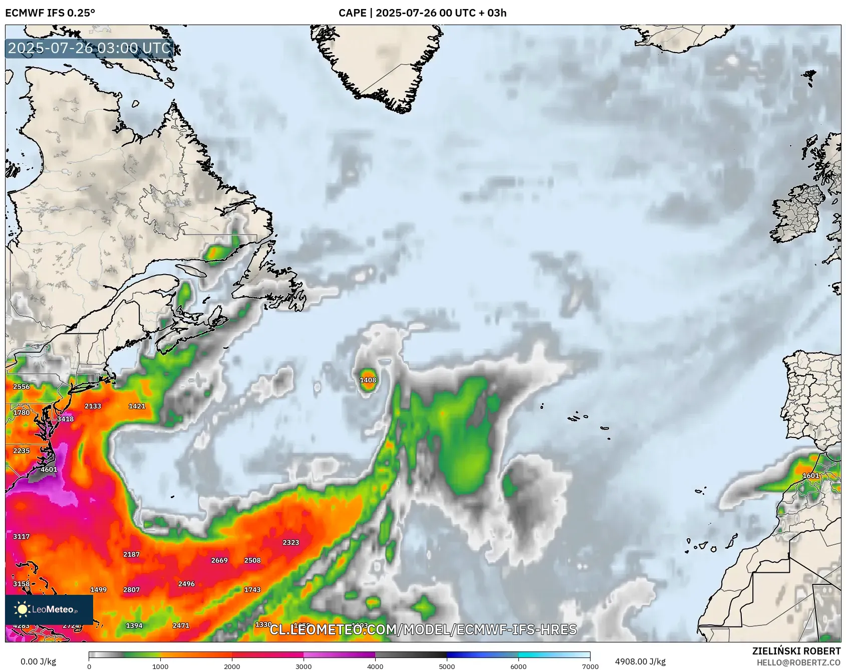 ECMWF IFS 0.25° model - Norte Atlántico, CAPE