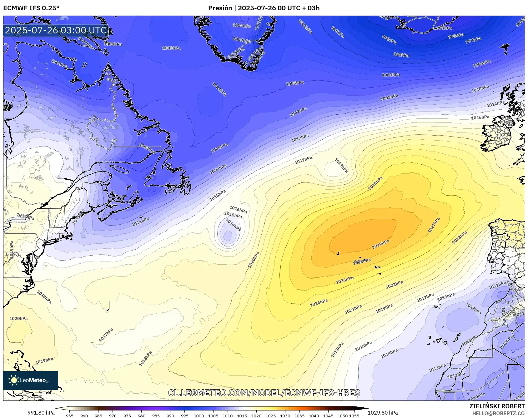 ECMWF IFS 0.25° model - Norte Atlántico, Presión
