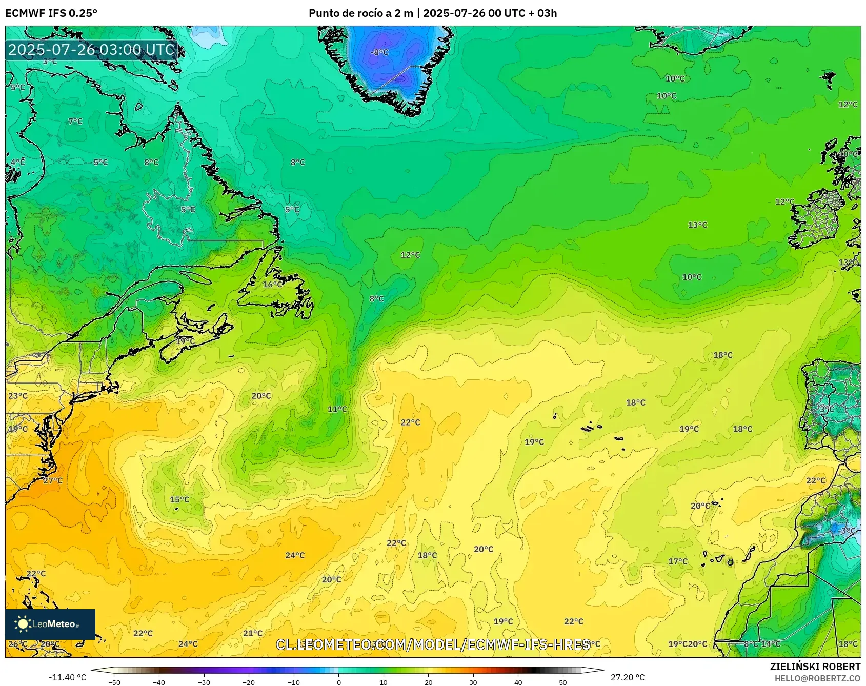 ECMWF IFS 0.25° model - Norte Atlántico, Punto de rocío a 2 m