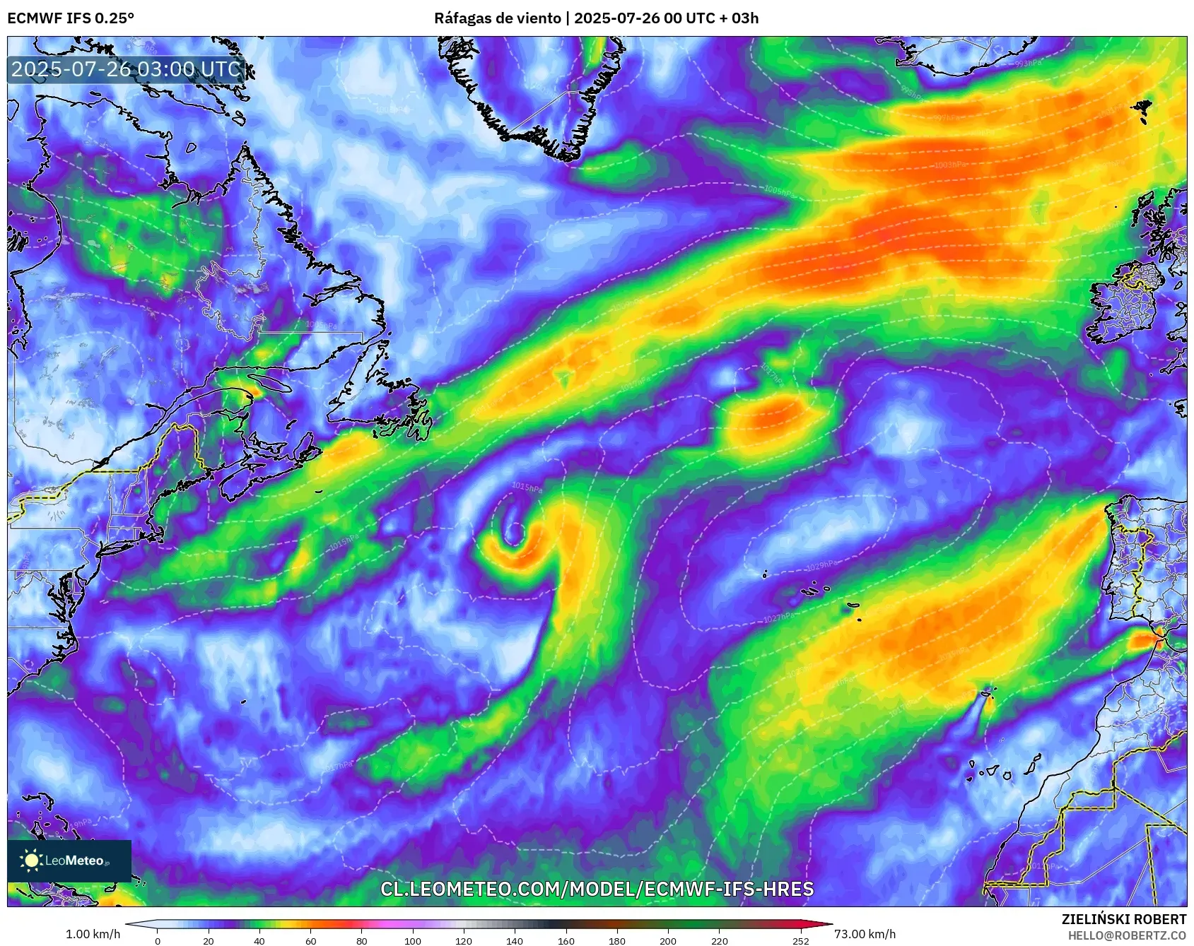 ECMWF IFS 0.25° model - Norte Atlántico, Ráfagas de viento