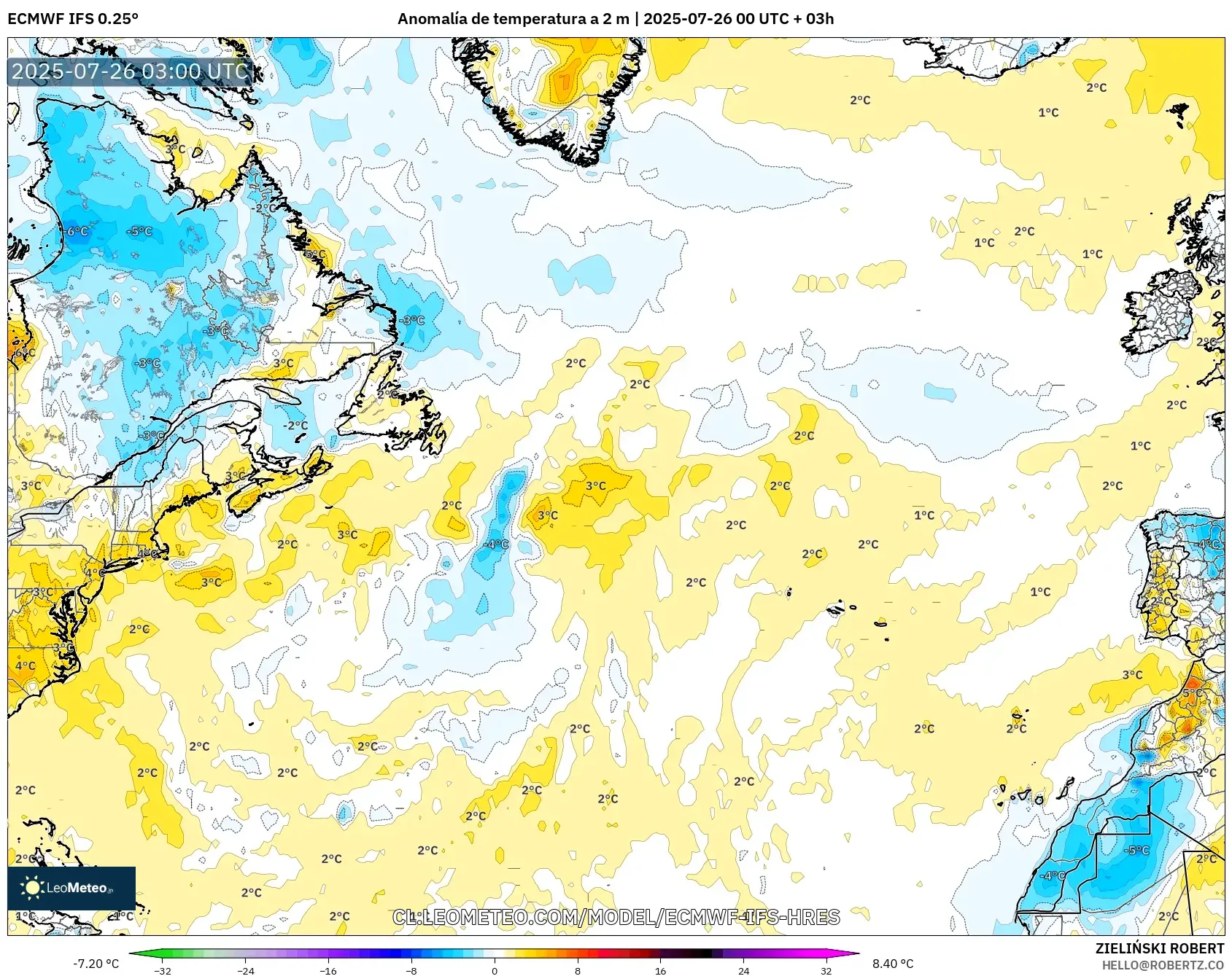 ECMWF IFS 0.25° model - Norte Atlántico, Anomalía de temperatura a 2 m
