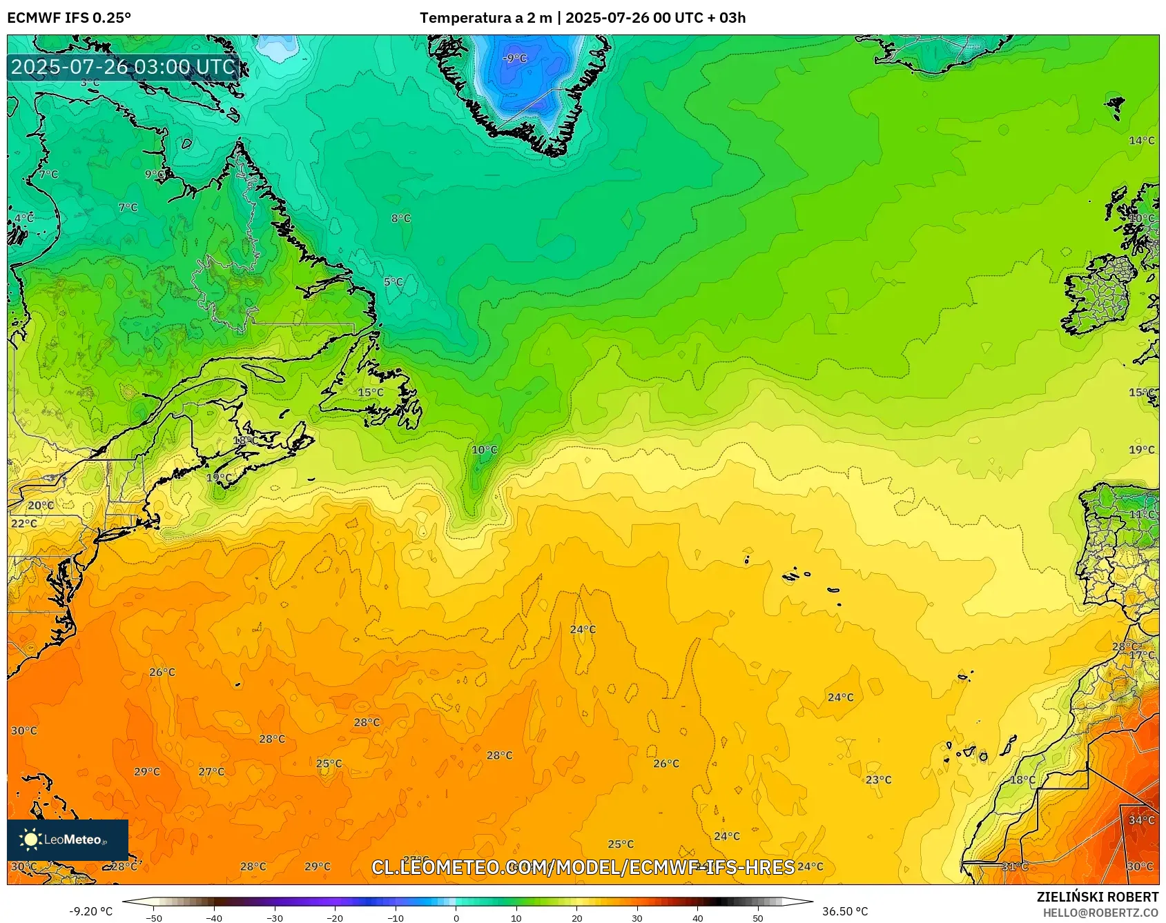 ECMWF IFS 0.25° model - Norte Atlántico, Temperatura a 2 m