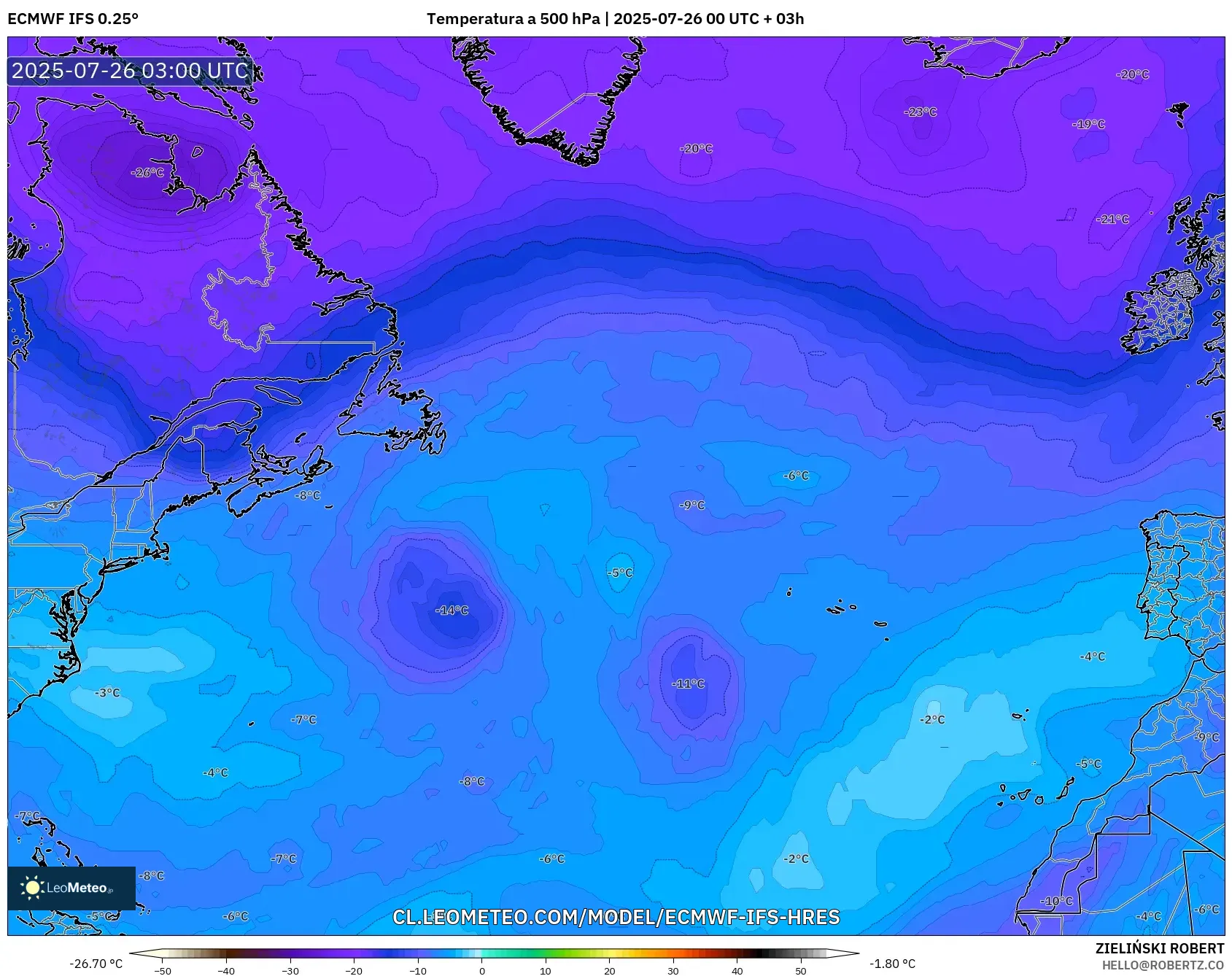 ECMWF IFS 0.25° model - Norte Atlántico, Temperatura a 500 hPa