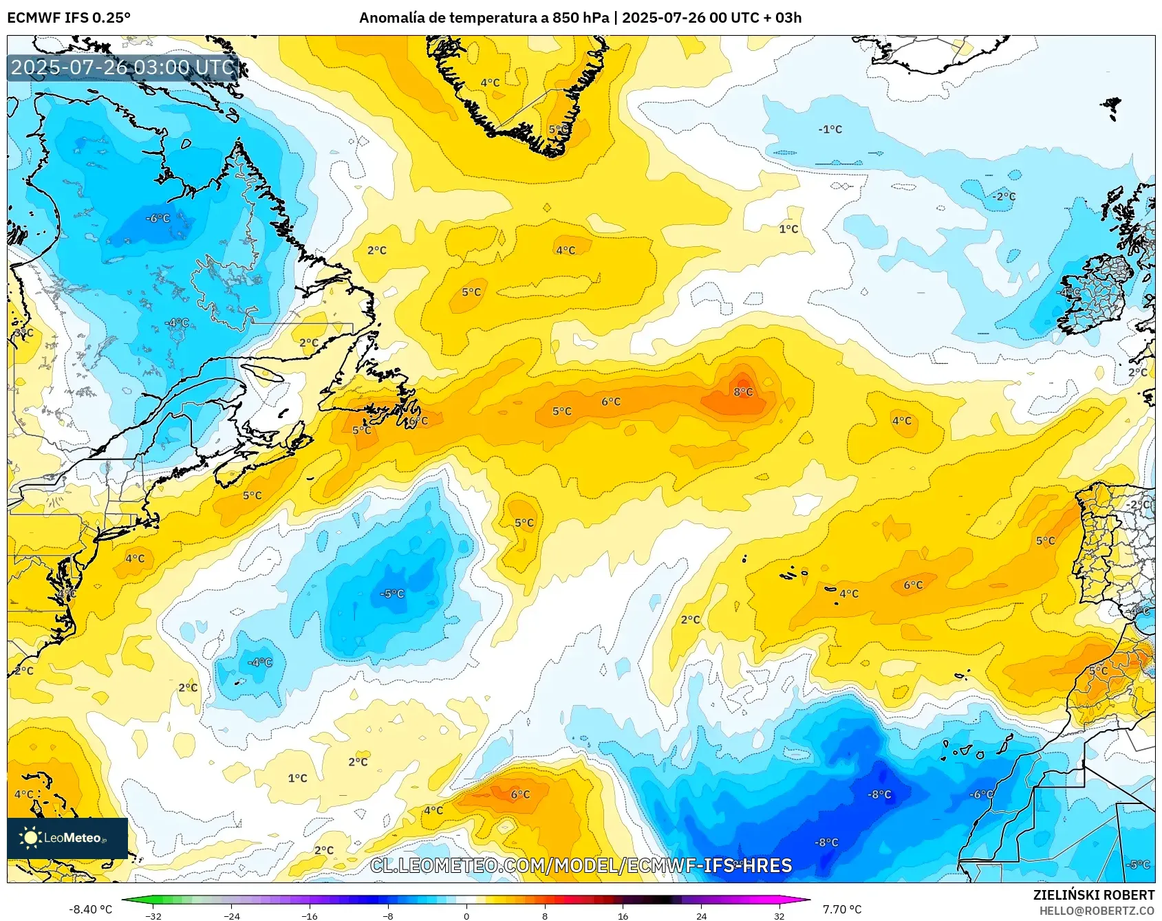 ECMWF IFS 0.25° model - Norte Atlántico, Anomalía de temperatura a 850 hPa