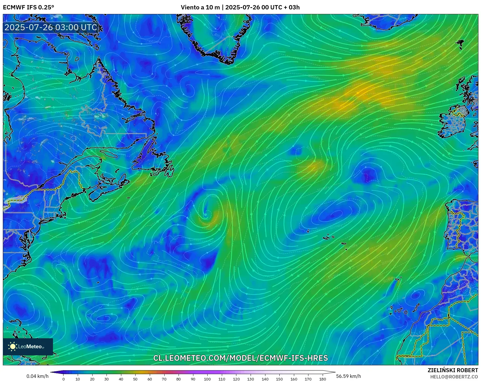 ECMWF IFS 0.25° model - Norte Atlántico, Viento a 10 m
